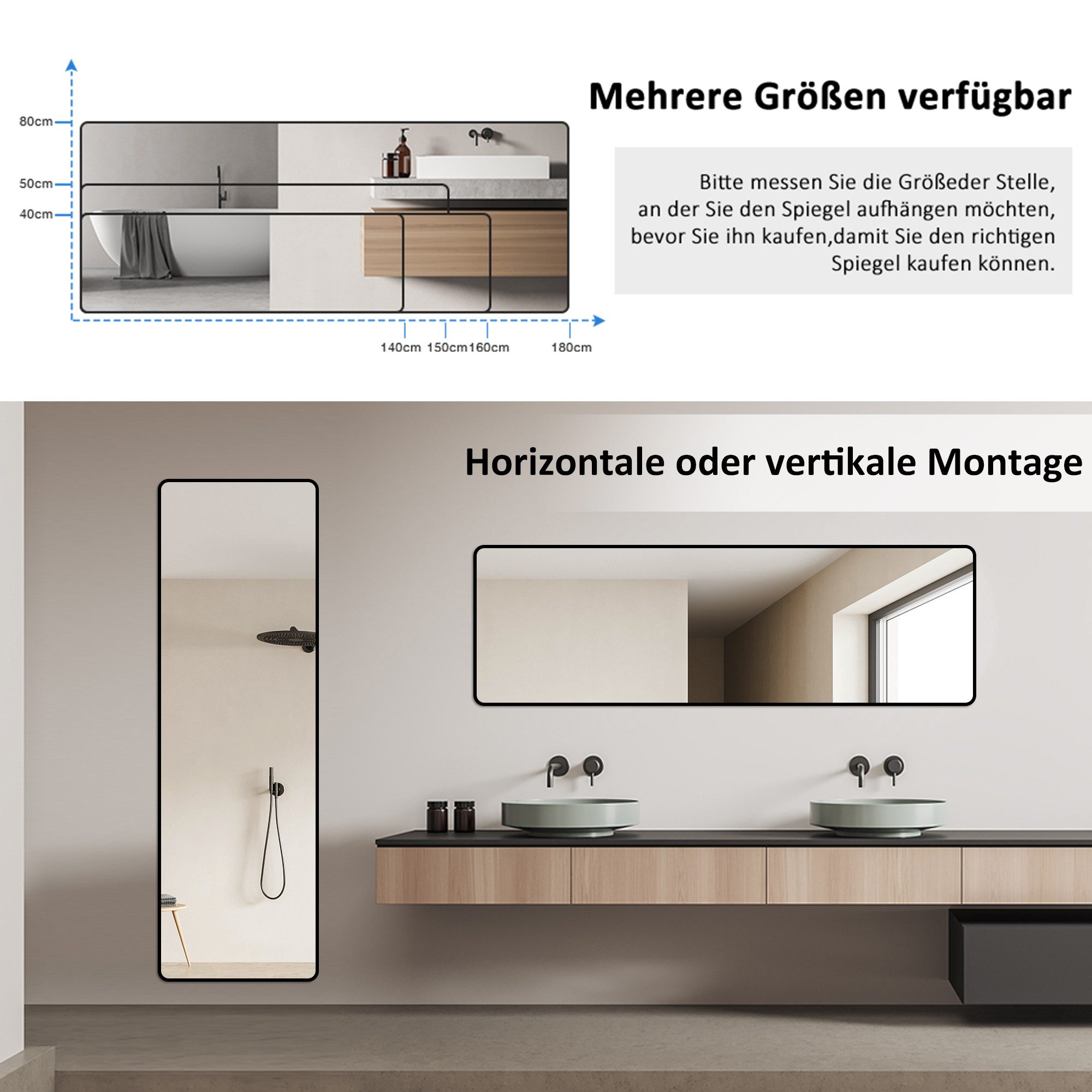 Boromal Badspiegel Spiegel groß badezimmer Wandspiegel Schwarz 150x50 160x40 140x40 (Hängespiegel Rechteckig, mit Alurahmen, 5mm HD Kupfer- und bleifreier Spieg – Bild 3 von 5