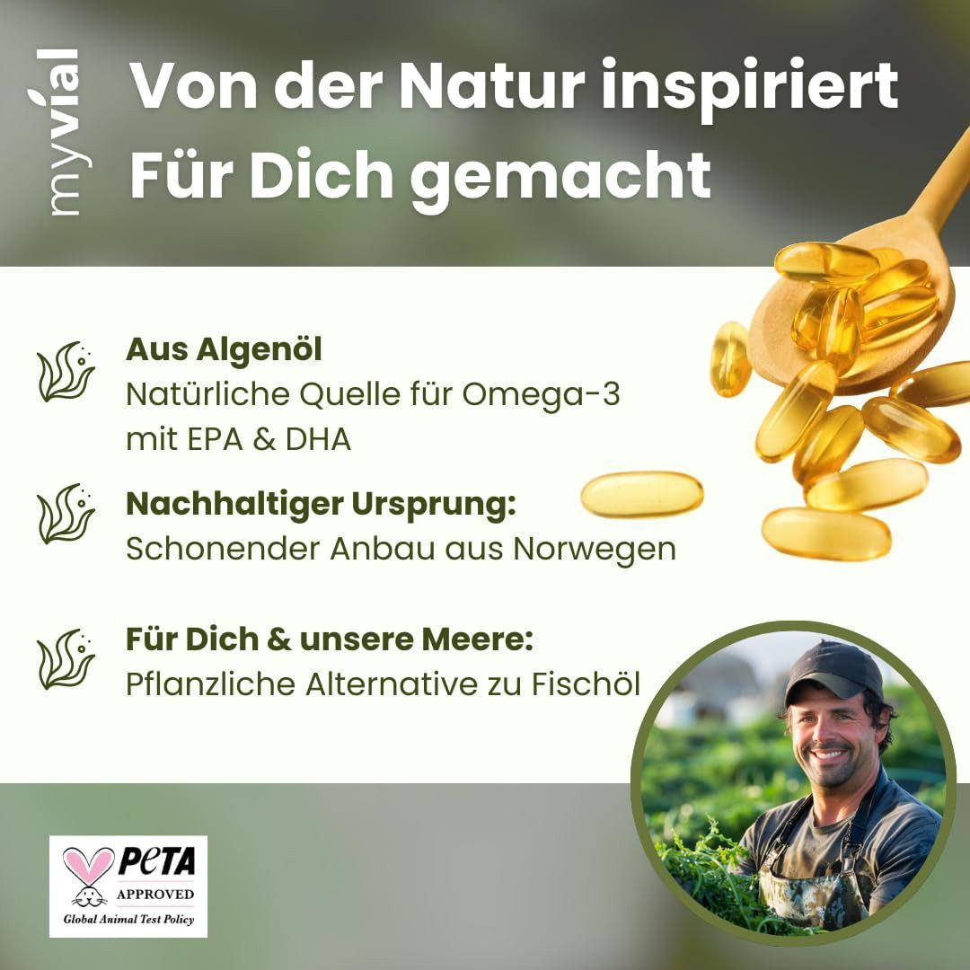 myvial Pflanzliche Omega 3 Kapseln aus Algenöl - 600 mg EPA & DHA Kapseln, 120 vegane Kapseln, DHA- und EPA-reiches Öl, Mikroalge Schizochytrium à 120 St., plastikfrei verpackt, 60 Tage Vorrat, höchste Qualität