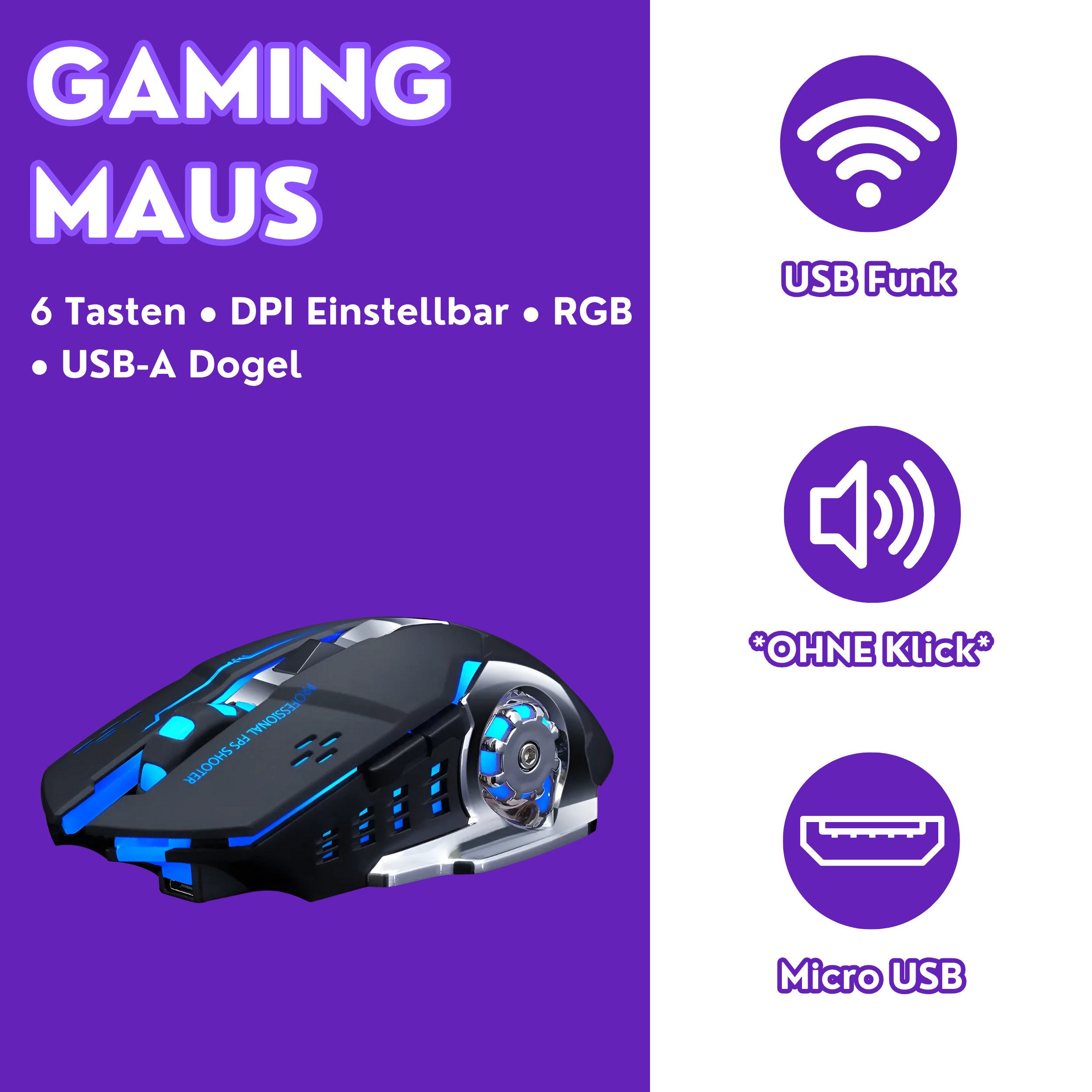 S&T Design Gaming Maus Kabellos RGB Wireless USB Gaming-Maus (Funk, 2400 dpi, Plug & Play 7 Tasten Extrem Leise Schwarz Weiss)