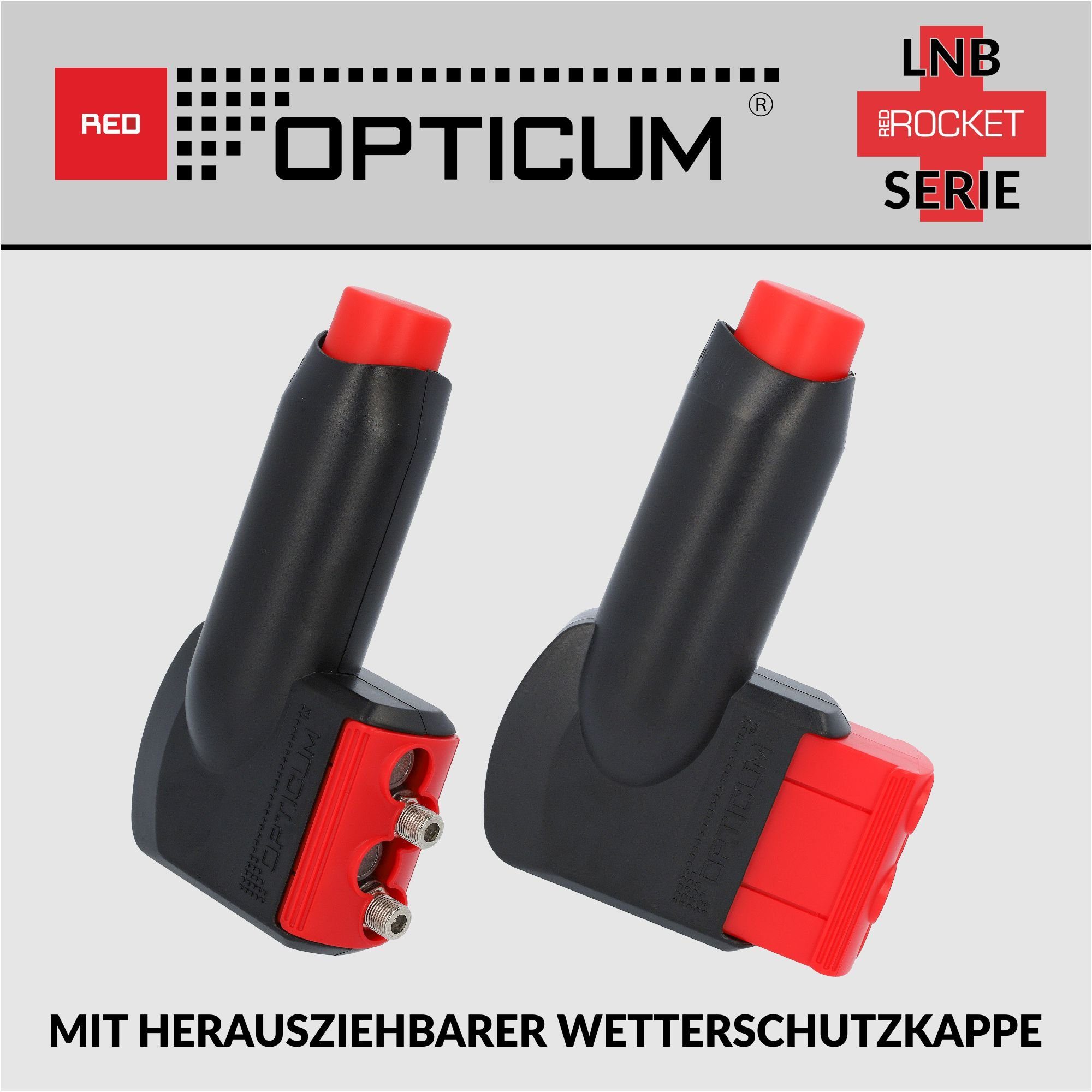 RED OPTICUM Twin Universal-Twin-LNB Red - mit optimal Rocket (Hitze- kältebeständig, für 0.1dB LTP-06H Wetterschutz LNB Multifeedhalter) & Rauschmaß