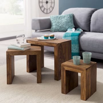 möbelando Satztisch 3er Set Satztisch Massiv-Holz Sheesham Wohnzimmer-, 3er Set Satztisch Massiv-Holz Sheesham Wohnzimmer-Tisch Landhaus-Stil Beistelltisch dunkel-braun Naturholz