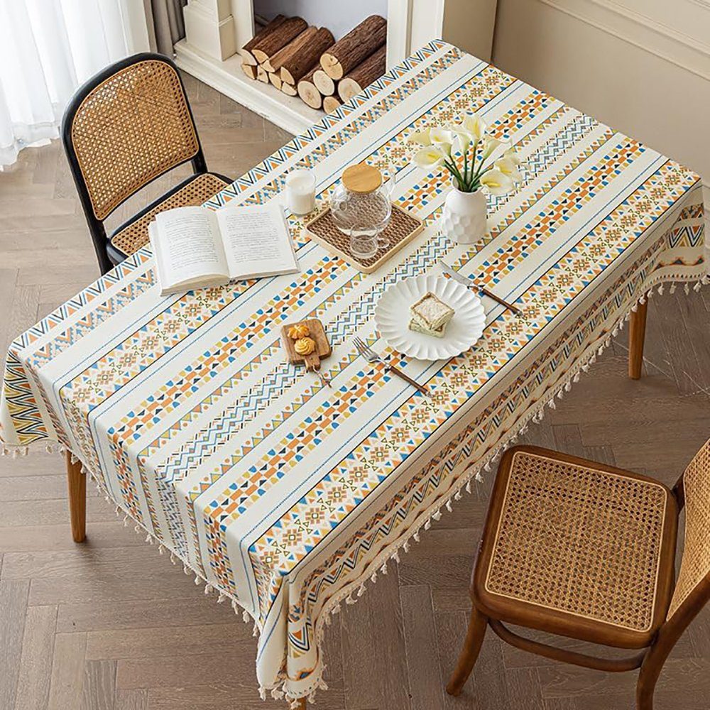 BlauCoastal Tischdecke Boho-Tischdecke, waschbare Quasten-Tischdecke, Wasser- und schmutzabweisend, geeignet für Tischdekoration