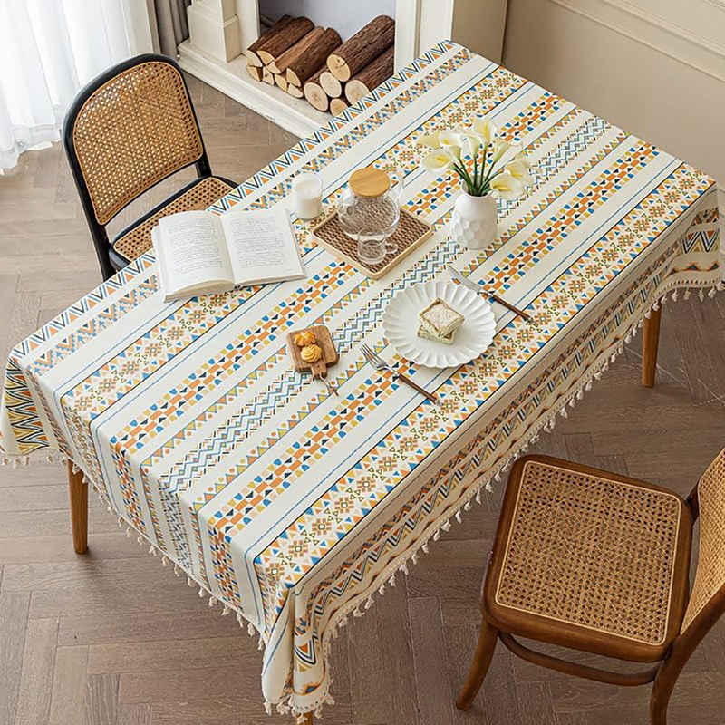 BlauCoastal Tischdecke Boho-Tischdecke, waschbare Quasten-Tischdecke, Wasser- und schmutzabweisend, geeignet für Tischdekoration