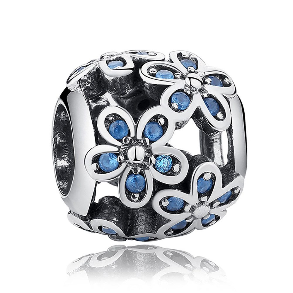 PANDACHARMS Bead Blauer Blumenball Charm für Charm Armband, 925er Silber, Zirkonia