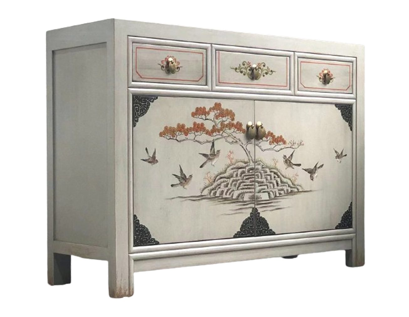 OPIUM OUTLET Kommode Asia Schrank Sideboard orientalisch chinesisch (Hochzeitsschrank, Möbel asiatisch komplett montiert), Vintage-Stil, hell-grau