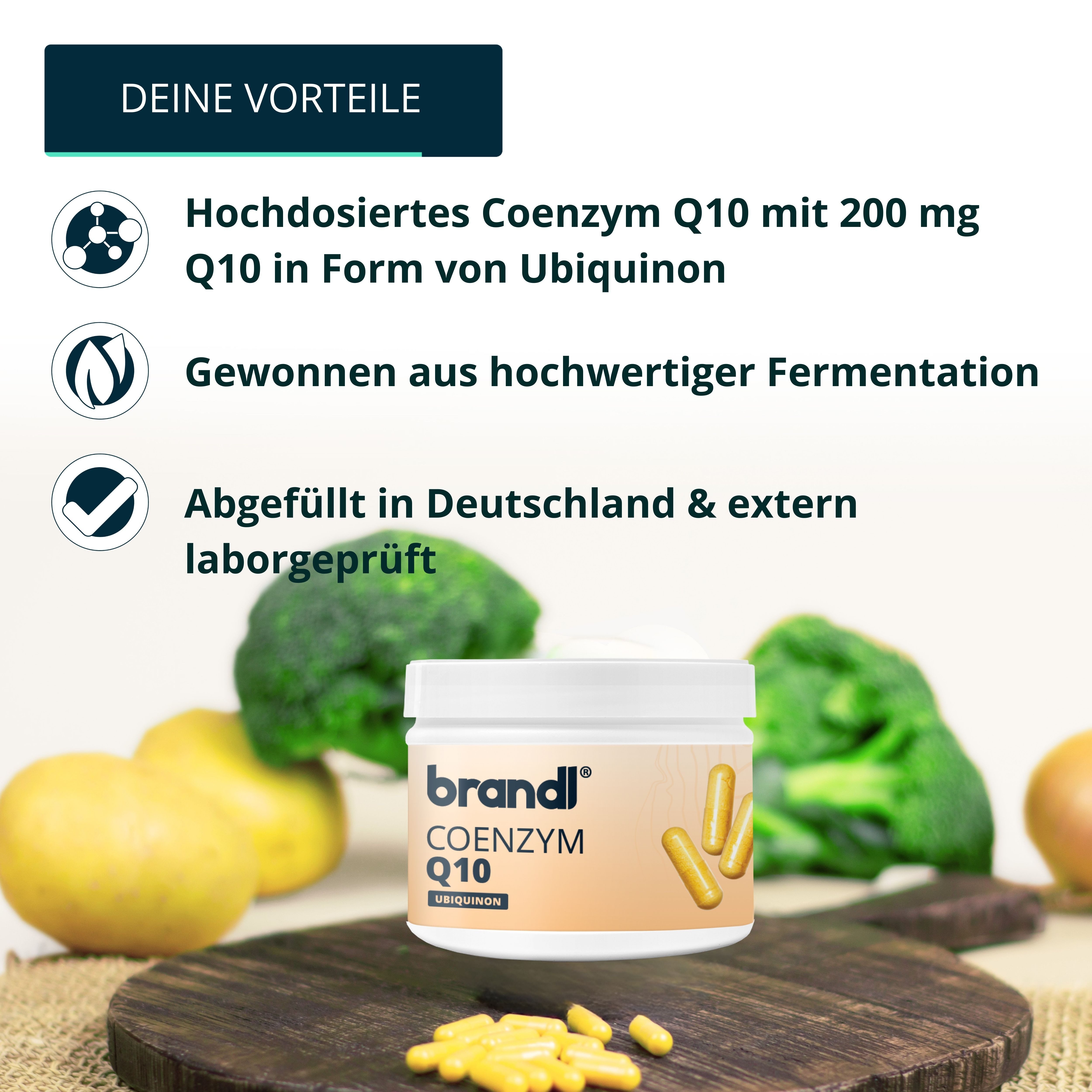 Brandl Nutrition Coenzym Q10 Kapseln hochdosiert – Q10 Ubiquinon 200mg pro Kapsel Kapseln, Vegan & abgefüllt in Deutschland – gute Kapselgröße – laborgeprüft