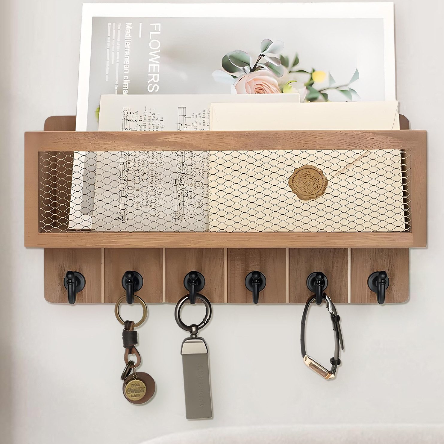 YINDN Schlüsselbrett Hängender Schlüsselhalter, mit 6 Haken, Schlüsselhalter aus Holz, (Schlüsselablage, Dekorative Schlüsselbrett mit Briefkasten, für Eingang, Mudroom, Flur, Schlafzimmer, Wohnzimmer), Installationsmethode: Stanzen