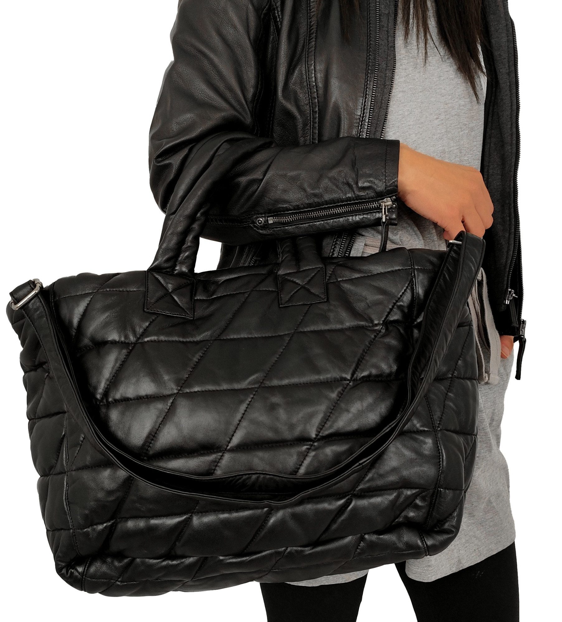 Lederjacken24 Handtasche Sorala, Damen Echtleder Handtasche Shopper Lammnappa schwarz