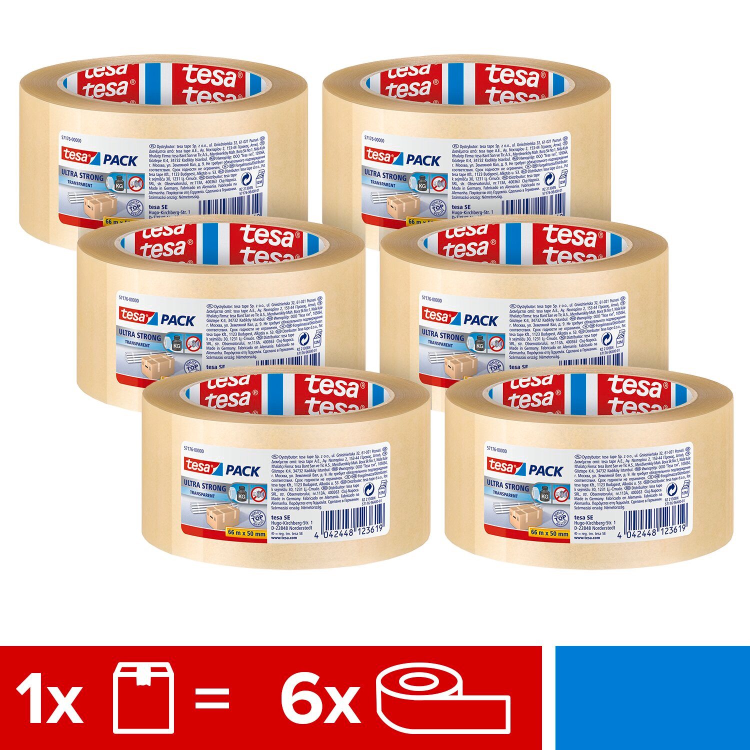 tesa Klebeband tesapack ULTRA STRONG extra starkes Paketklebeband (Packung, 6-St., 6 x tesapack Ultra Strong Packband) Paketklebeband - einfaches Verpacken & Verschließen - transparent