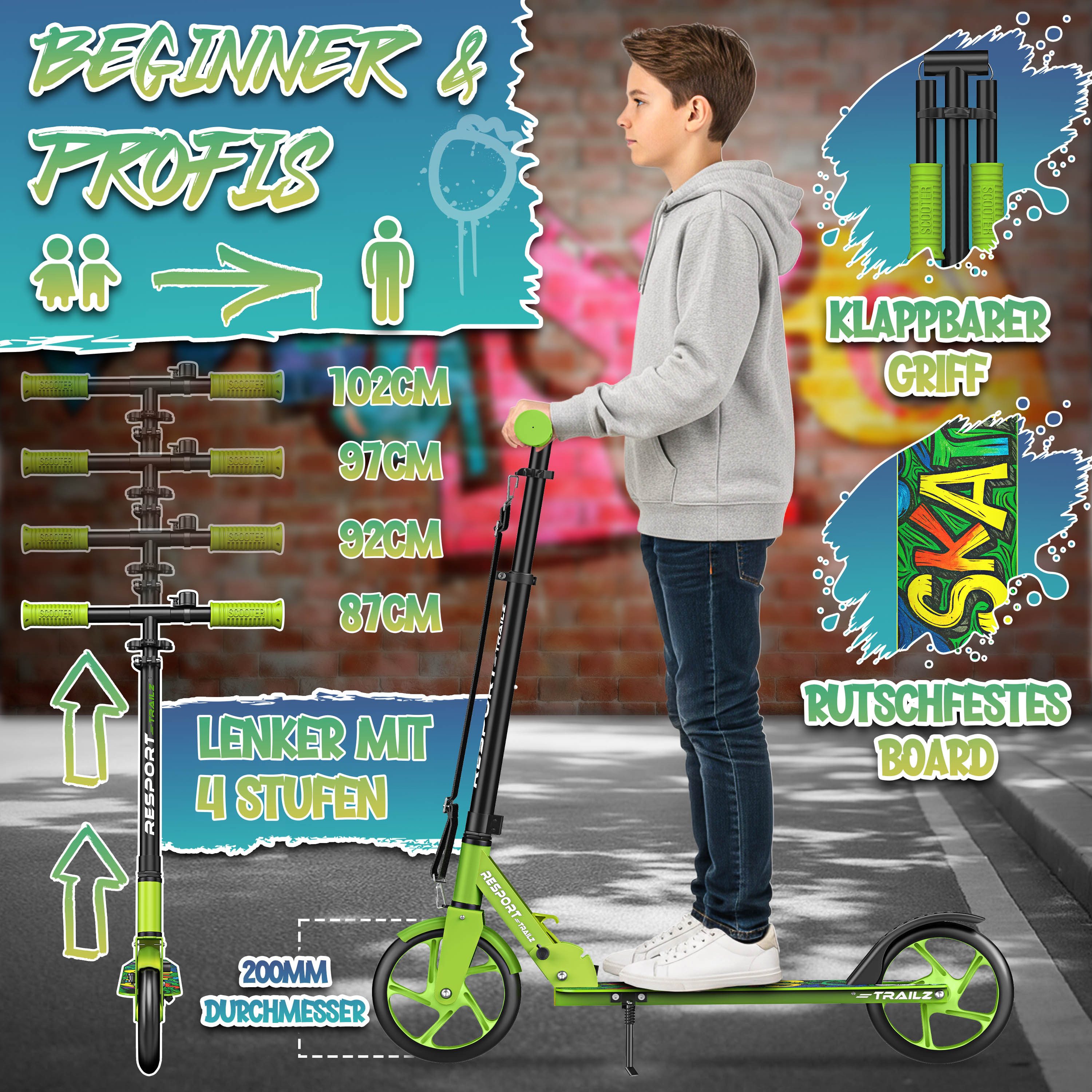 RE:SPORT Cityroller RE:SPORT® Trailz Cityroller Scooter inkl. Tragegurt und Klingel 200mm, (Scooter höhenverstellbar & klappbar, Kinderroller große Räder Kicksc – Bild 3 von 5