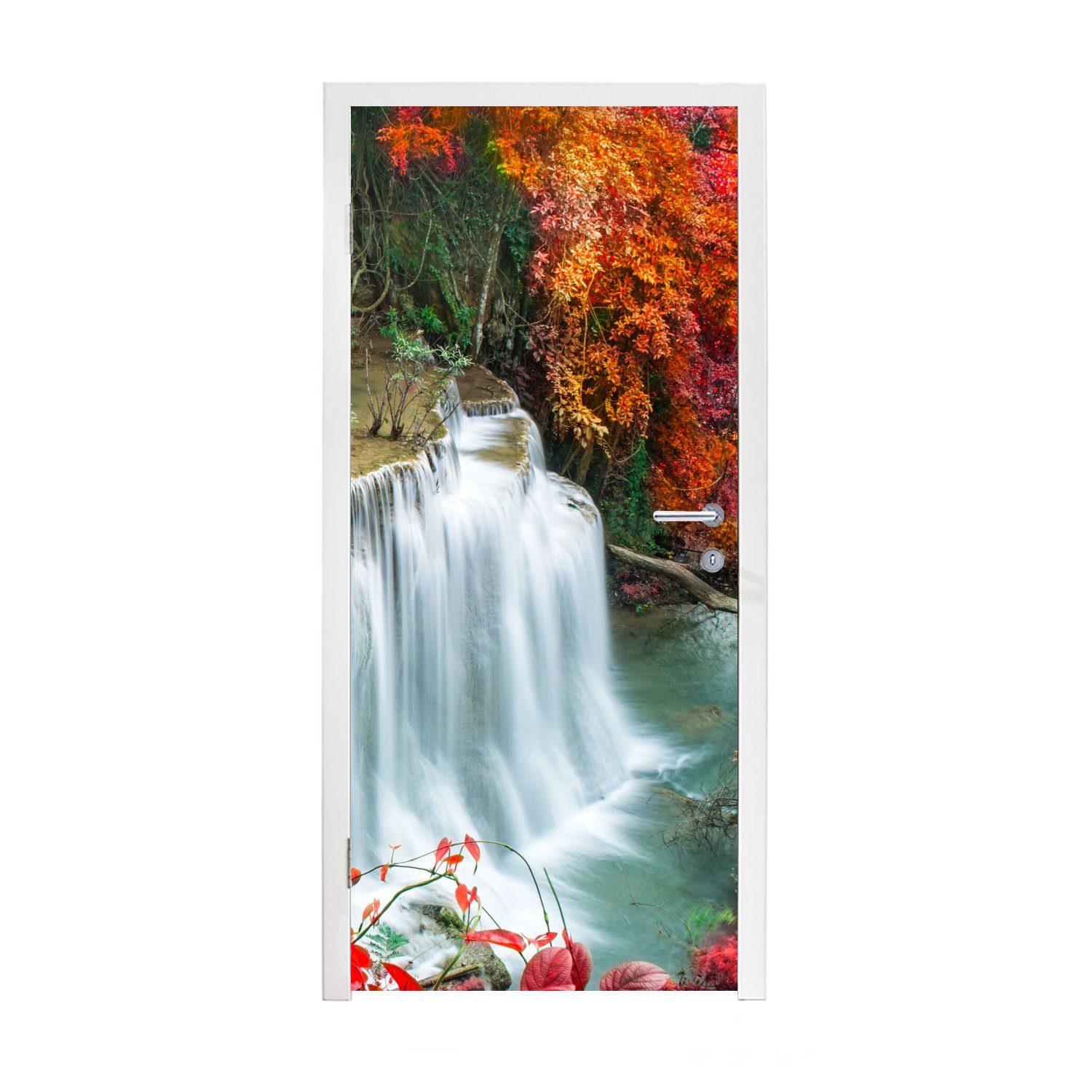 MuchoWow Türtapete Bäume - Wasserfall - Herbst - Natur, Matt, bedruckt, (1 St), Fototapete für Tür, Türaufkleber, 75x205 cm