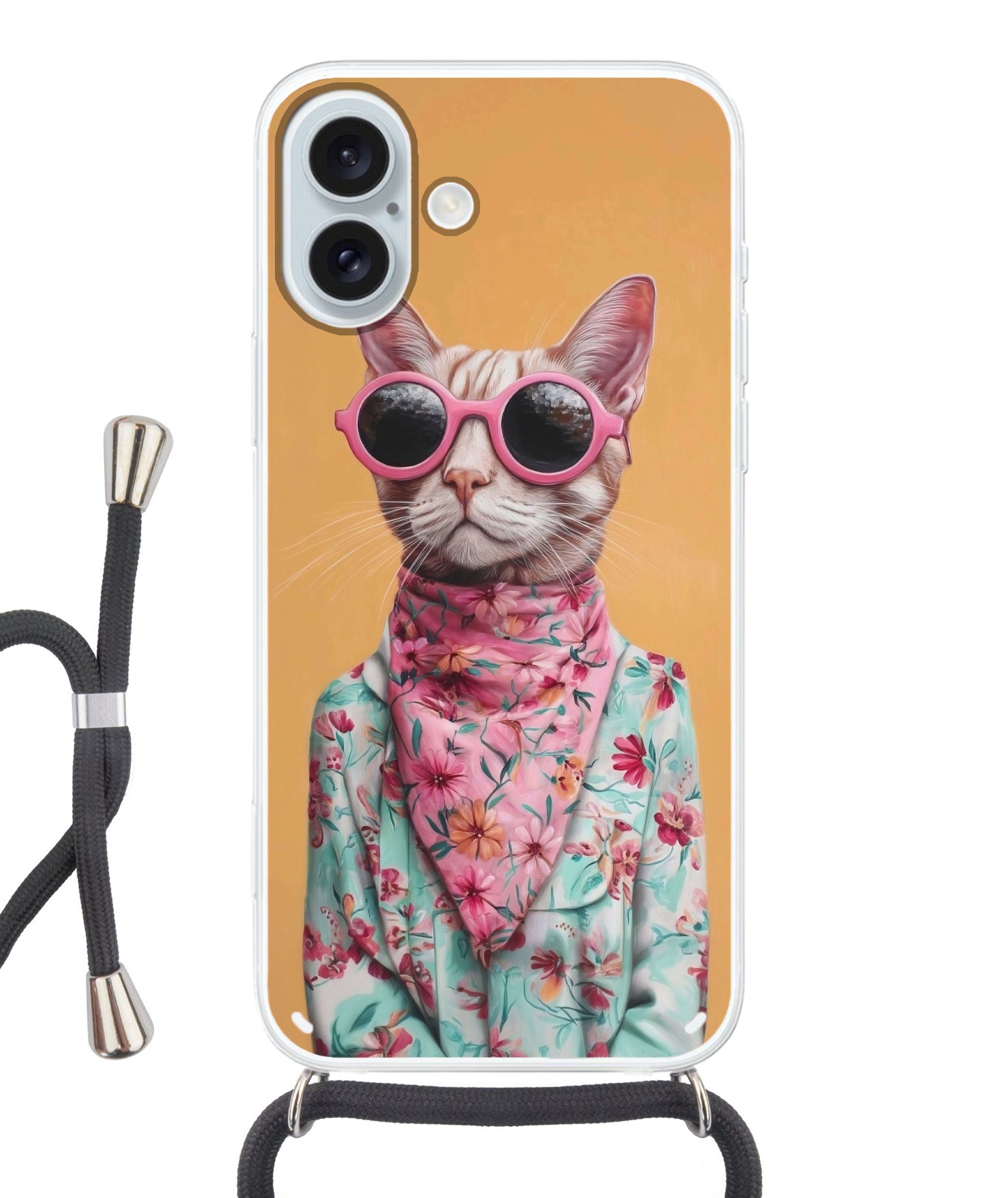 MuchoWow Handyhülle für Apple iPhone 16 Plus Sonnenbrille - Katze - Halstuch - Blumen, Tragbare Handyhüllen mit Kette zum umhängen, Handykette Handyband