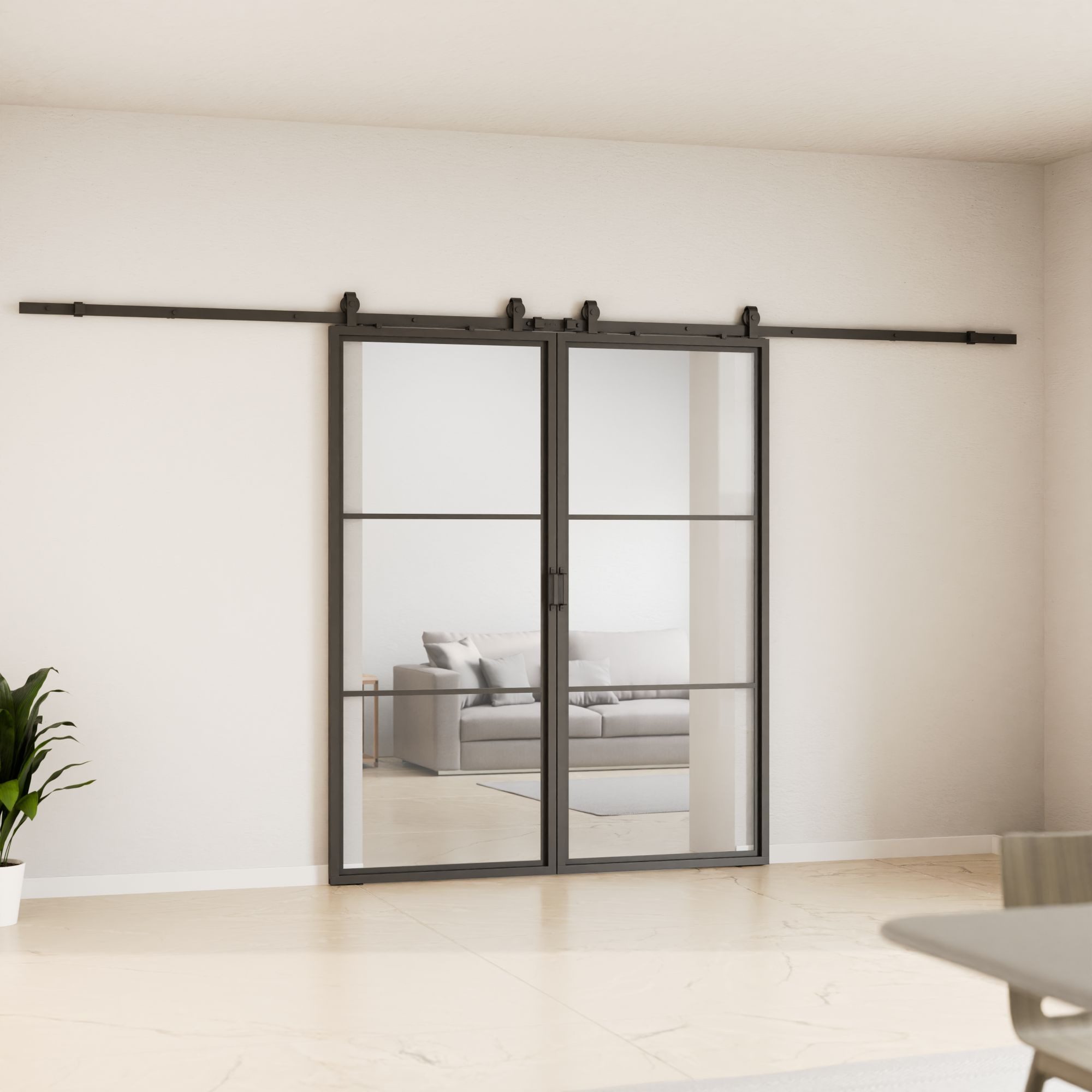 inova wohnen Doppelschiebetür Stahltür schwarz Klarglas, Komplett Set Laufschiene Softclose Loftstyle