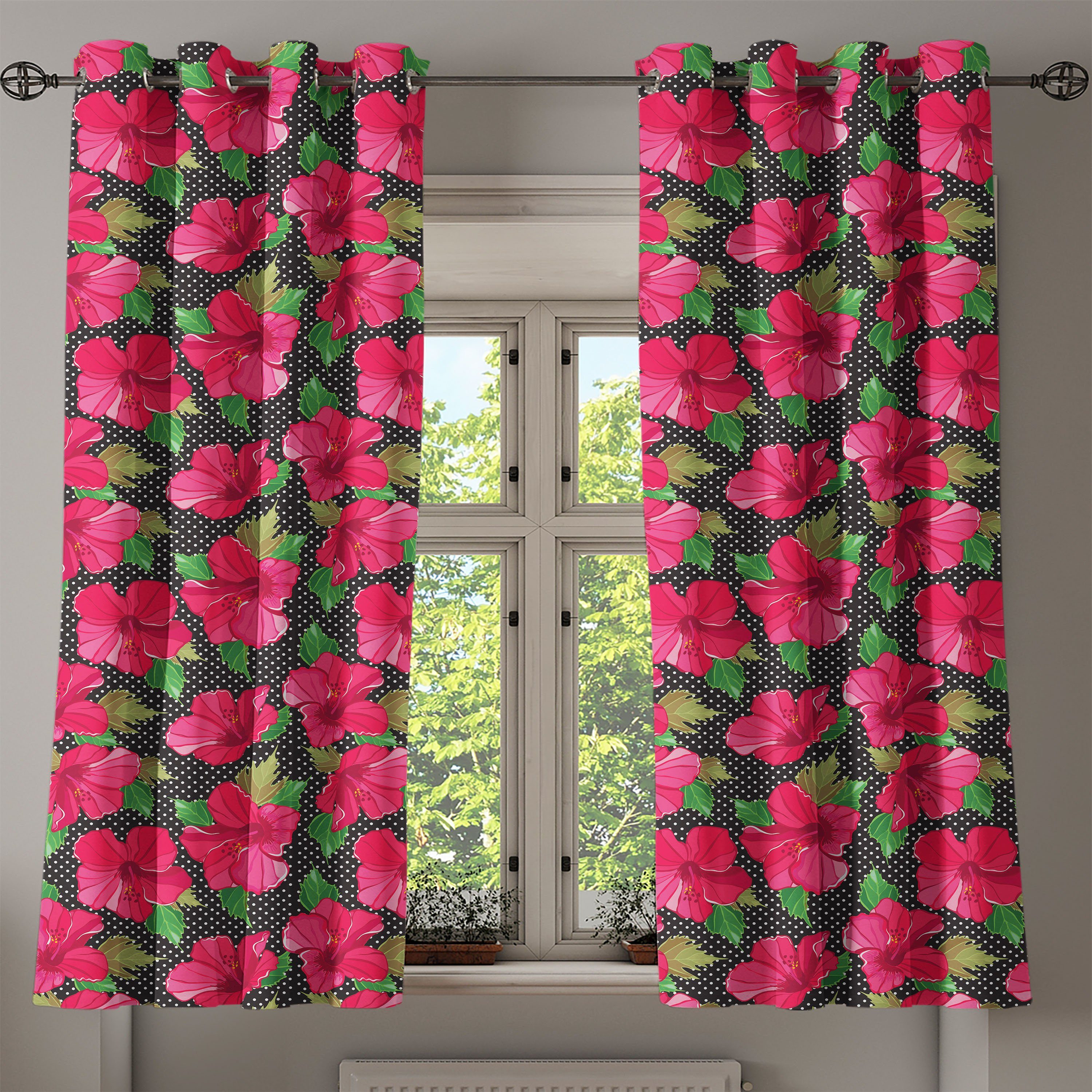 2-Panel-Fenstervorhänge für Wohnzimmer, Abakuhaus, Gardine Hawaii Hibiscus Schlafzimmer Tupfen Dekorative