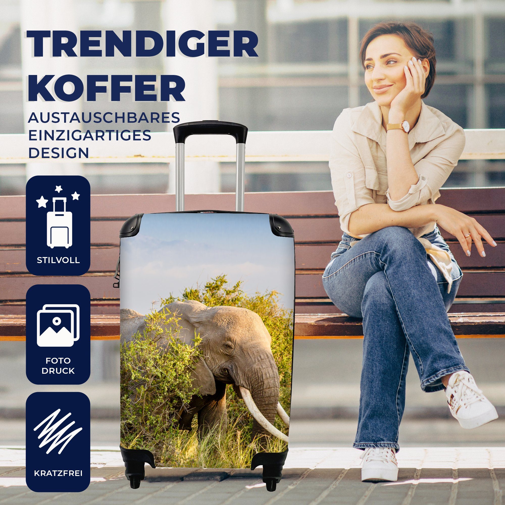 - mit für - Reisetasche Reisekoffer Handgepäckkoffer 4 Handgepäck MuchoWow Ferien, Tiere Rollen, - - rollen, Grün Berg, Elefant Gras Trolley,