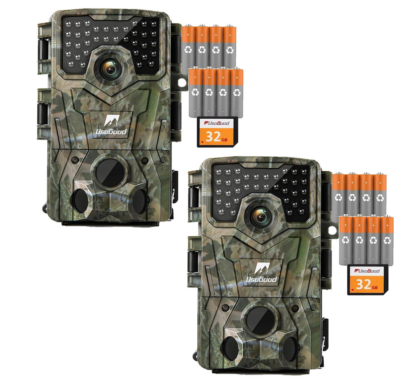 Usogood Wildkamera Wildkamera 4K Video Wildtierkamera 48MP mit 32GB karte und 8 Batterien (Außenbereich, für Outdoor-Gartenüberwachung Außenbereich Sicherheit, Jagdkamera Wildtierkamera mit Nachtsicht 0.3s Auslöser, 2-tlg., 120° Weitwinkel 36 Stücks 850nm Infrarot-LEDs Schimmer Wildkamera, IP66 Wasserdicht für Outdoor-Gartenüberwachung Wildtierbeobachtung)