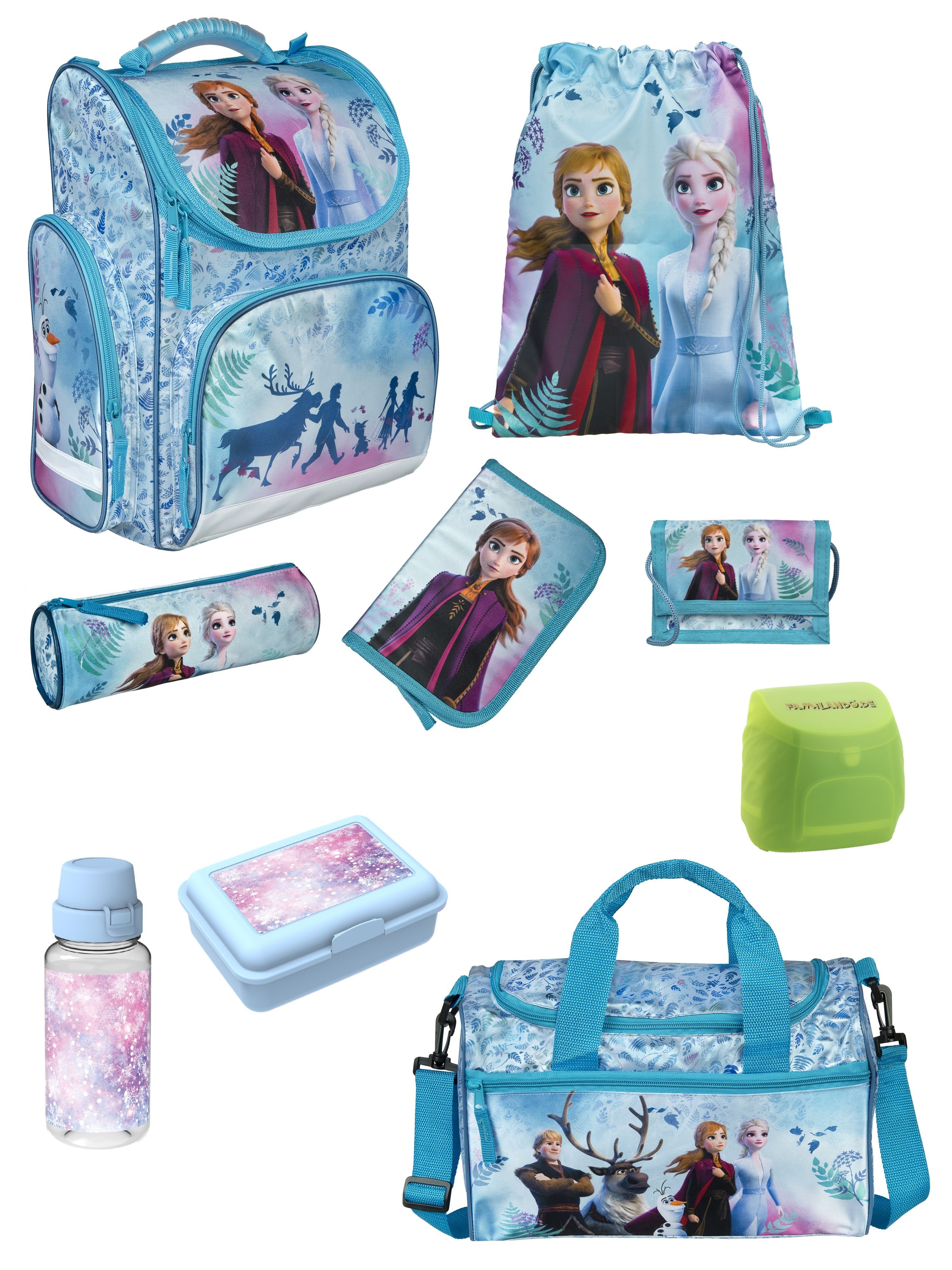 Familando Schulranzen Clou Schultasche Frozen Die Eiskönigin, blau - ab 1. Klasse (Erweiteretes Set, 9-tlg., mit Lunch-Set und Sporttasche), mit Anna und Elsa
