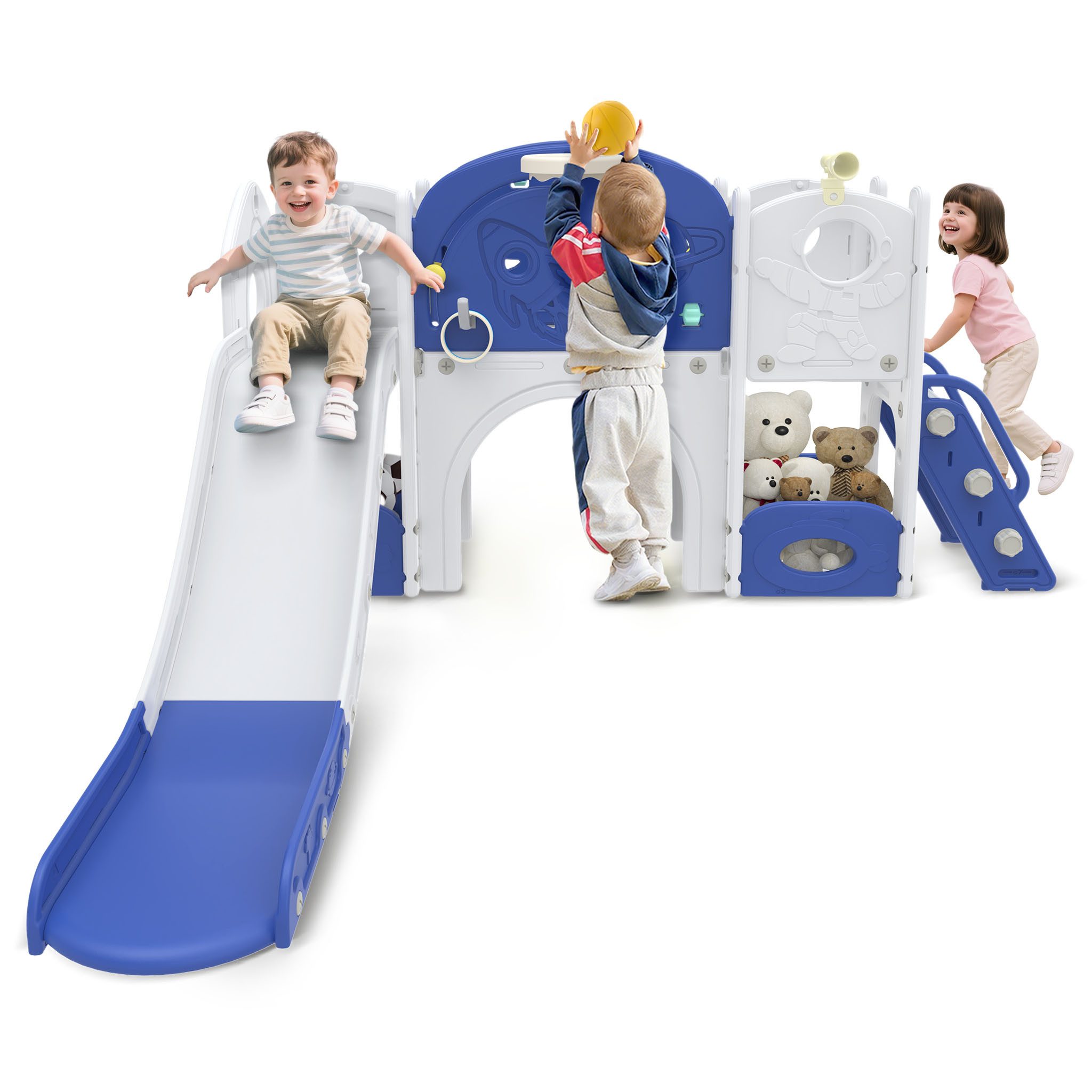 FIVMEN Rutsche 8-in-1 Kinderrutsche für Kleinkinder, Indoor und Outdoor, (mit Kletterleiter, Tunnel, Stauraum, Basketballkorb und Spielteleskop)