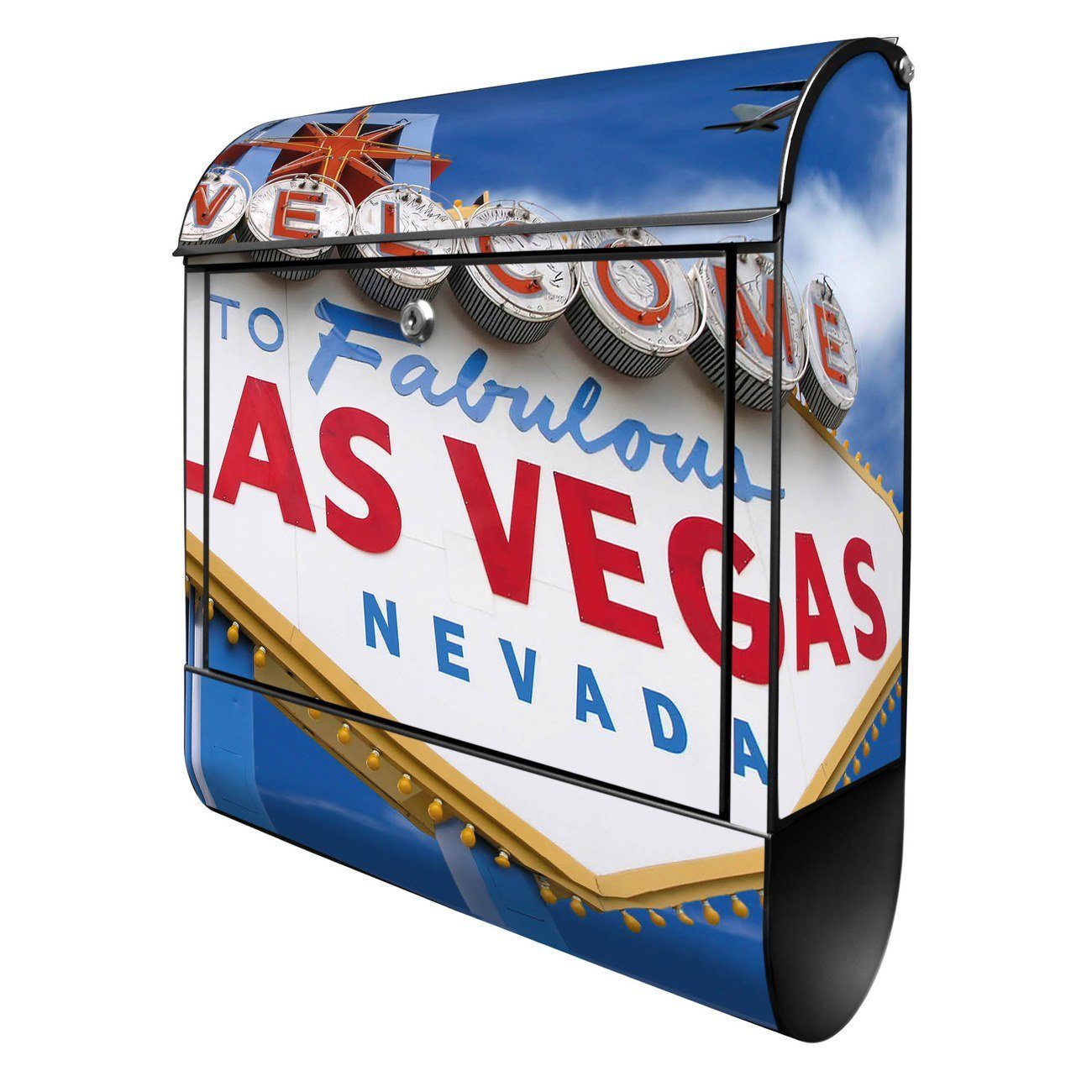 banjado Wandbriefkasten Stahl Las Vegas (Wandbriefkasten witterungsbeständig, pulverbeschichtet, mit Zeitungsfach), 39 x 47 x 14cm schwarz