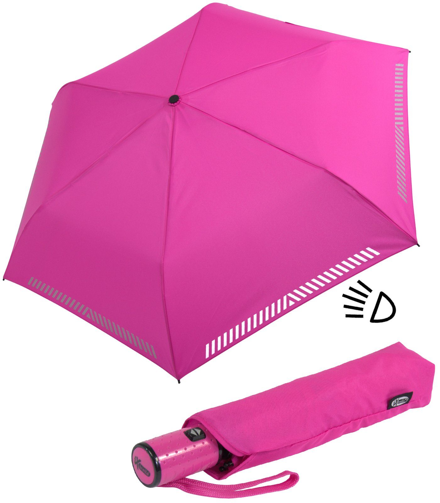 iX-brella Taschenregenschirm Kinderschirm mit Auf-Zu-Automatik, reflektierend, Sicherheit durch Reflex-Streifen - neon pink