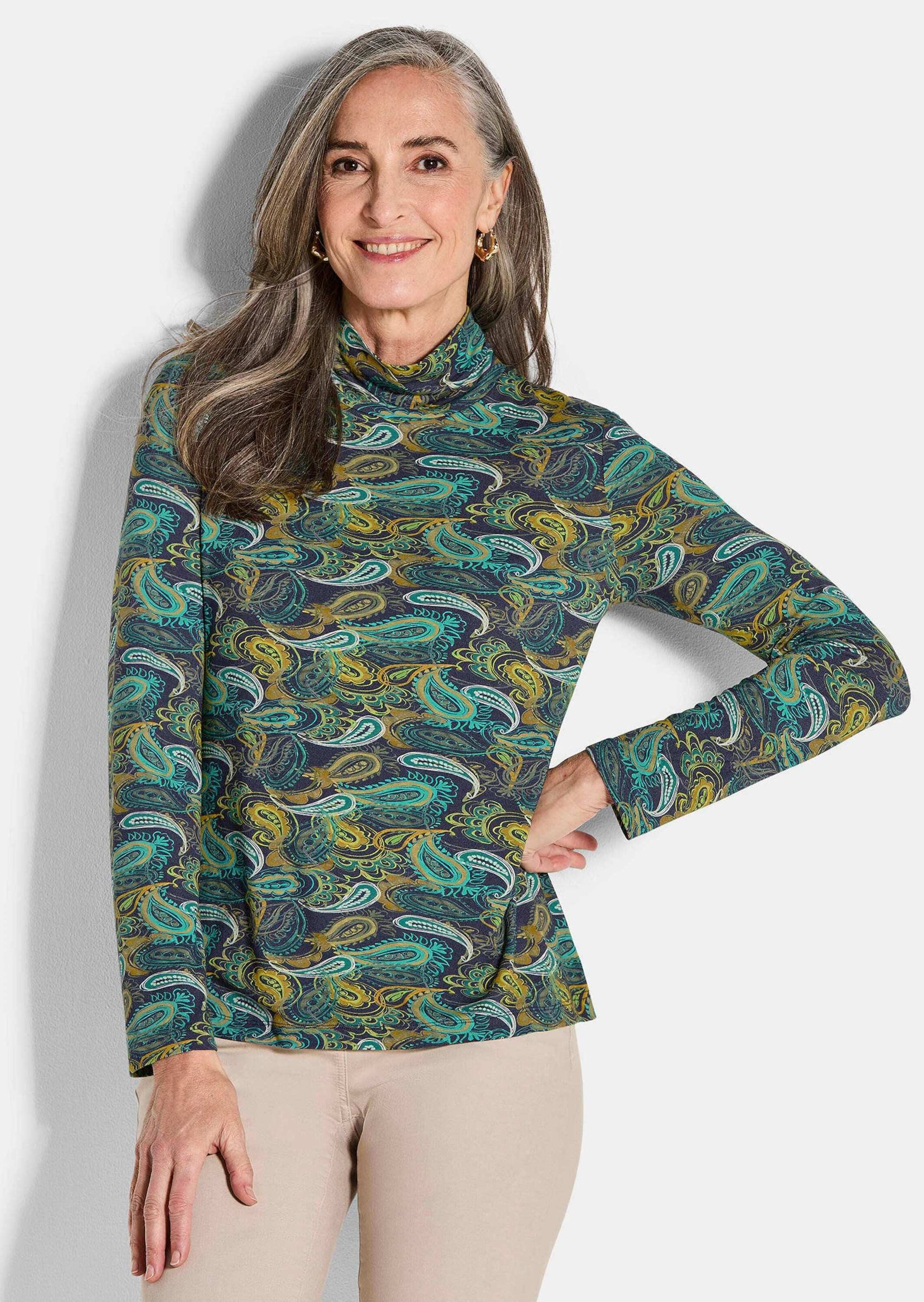 Langarmshirt Longsleeve mit Allover-Print, Stehkragen