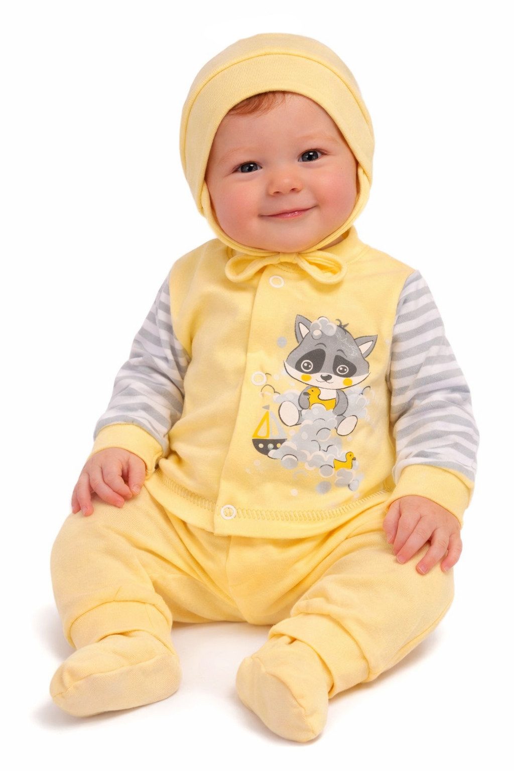 La Bortini Anzug 3-teilig Baby Anzug 3Tlg. Hose Hemdchen Mütze in Gelb mir Waschbär aus reiner Baumwolle, 44 50 56 62 68 74 80