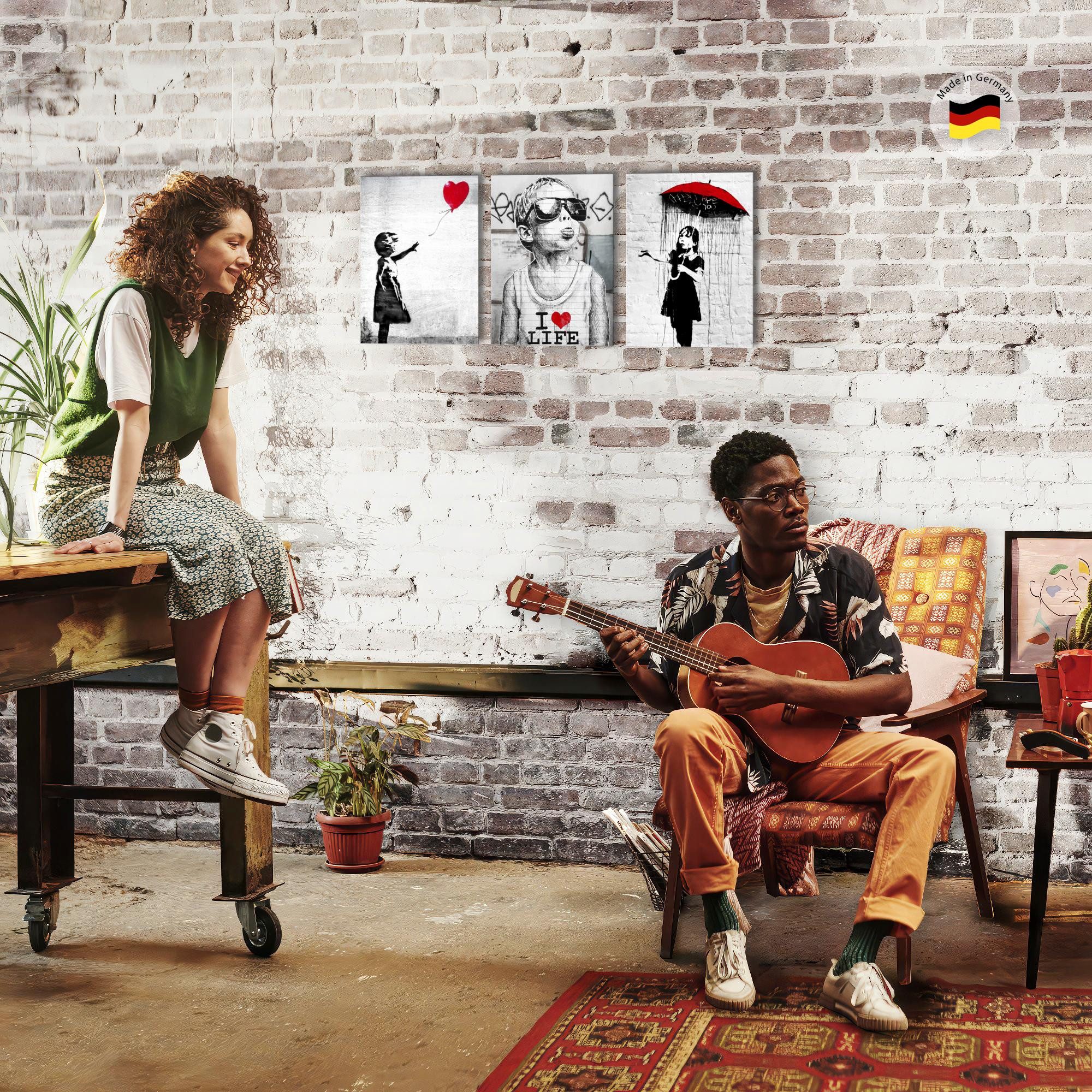 Novart Wandbild Set Banksy Style Collage 3 Bilder Wohnzimmer Streetart, Kinder – Bild 4 von 5