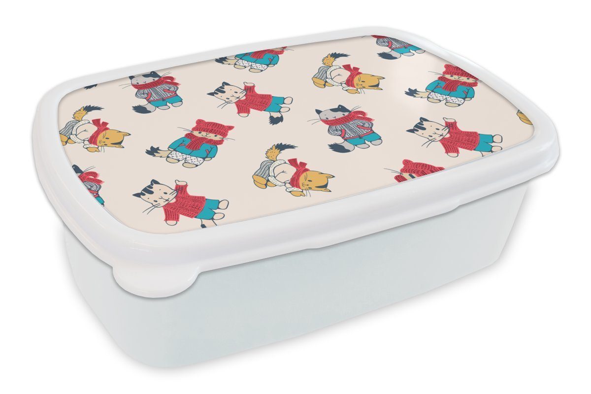 MuchoWow Lunchbox Winter - Katze - Tiere - Muster, Kunststoff, (2-tlg), Brotbox für Kinder und Erwachsene, Brotdose, für Jungs und Mädchen weiß | Lunchboxen