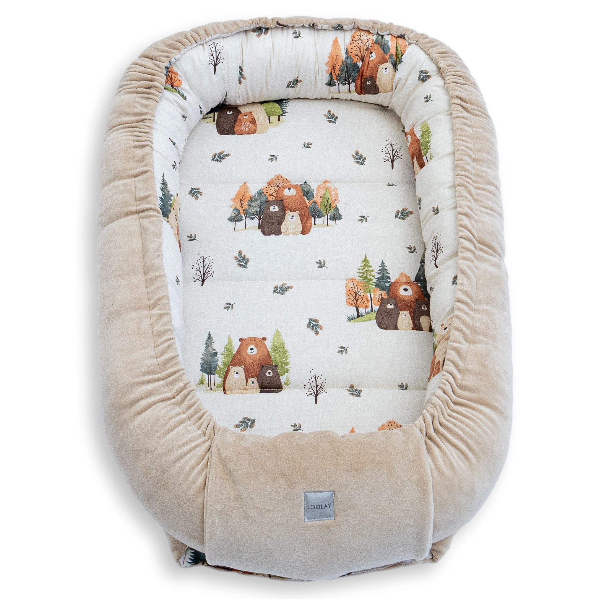 Loolay Kuschelnest BABYNEST SOLO Premium Babyausstattung - Baumwolle & Samt Velours, (MUSTER: BEIGE Samt Velour/ Beige Bärchen Familie, 1-tlg., Liebevoll handgefertigt Nestchen! Geborgenheit Komfort für Neugeborene), Premium Ausstattung - 100% Europäische Stoffe und Kleinserien-Nähen!