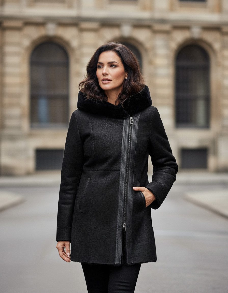 Hollert Wintermantel Damen Lammfellmantel Kate mit Kapuze