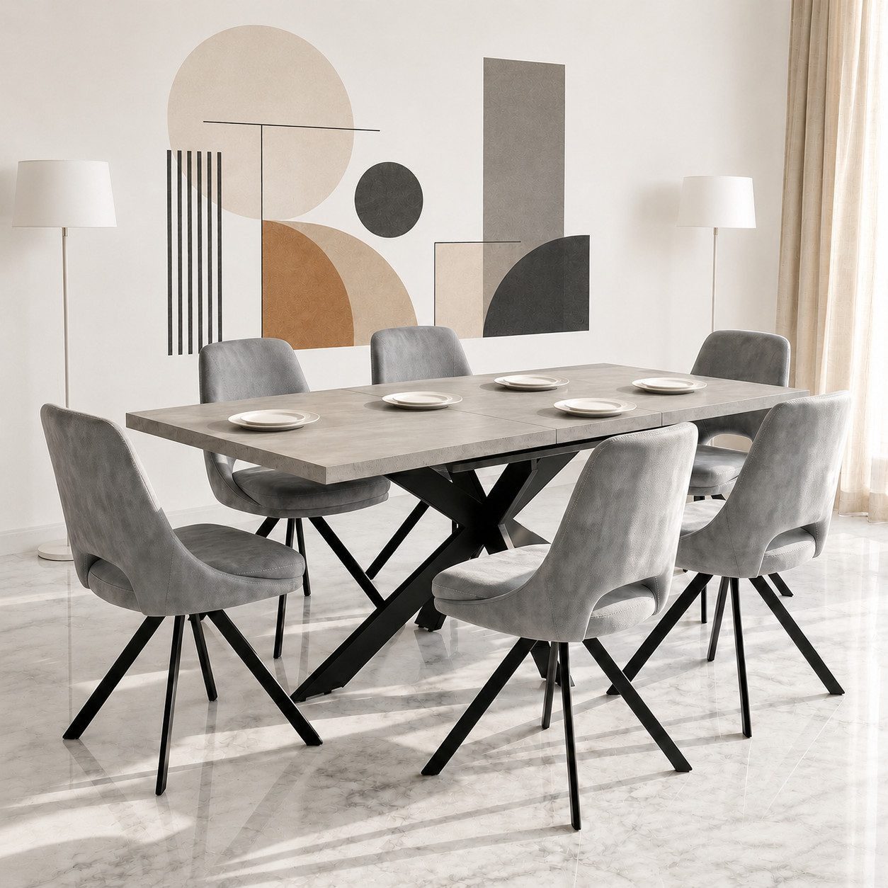 Jiexi Essgruppe Tisch-und Stuhlset, Ausziehbarer Esstisch (130–170 cm) mit 4-6 Stühlen
