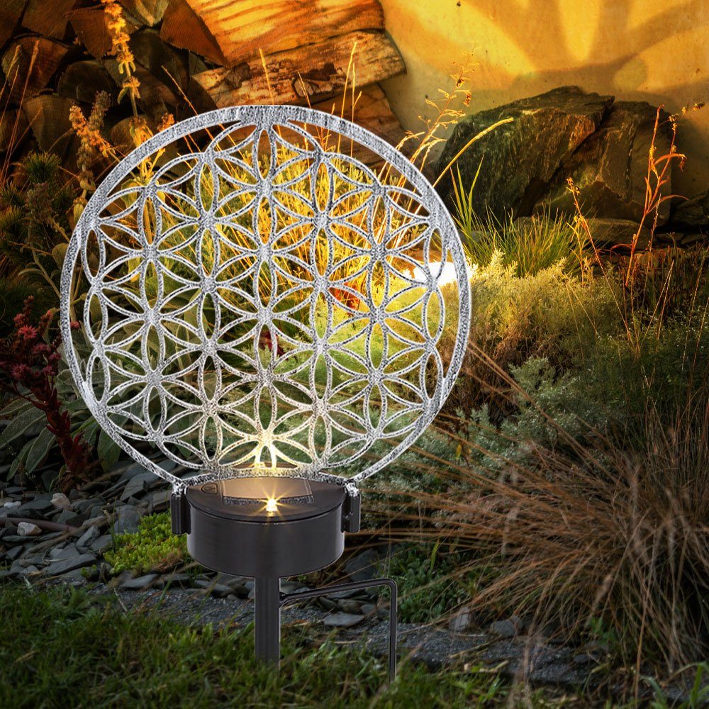 LED-Leuchtmittel silber Floral LED 2x verbaut, Dekolicht Solarlampe Warmweiß, Gartenleuchte fest Metallscheibe Solarleuchte, etc-shop LED