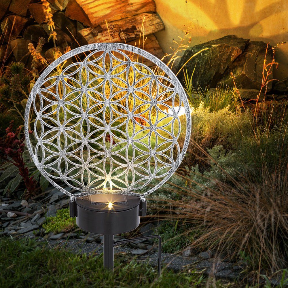 etc-shop Warmweiß, Solarleuchte, Floral Metallscheibe fest verbaut, silber Dekolicht Gartenleuchte LED LED 2x Solarlampe LED-Leuchtmittel