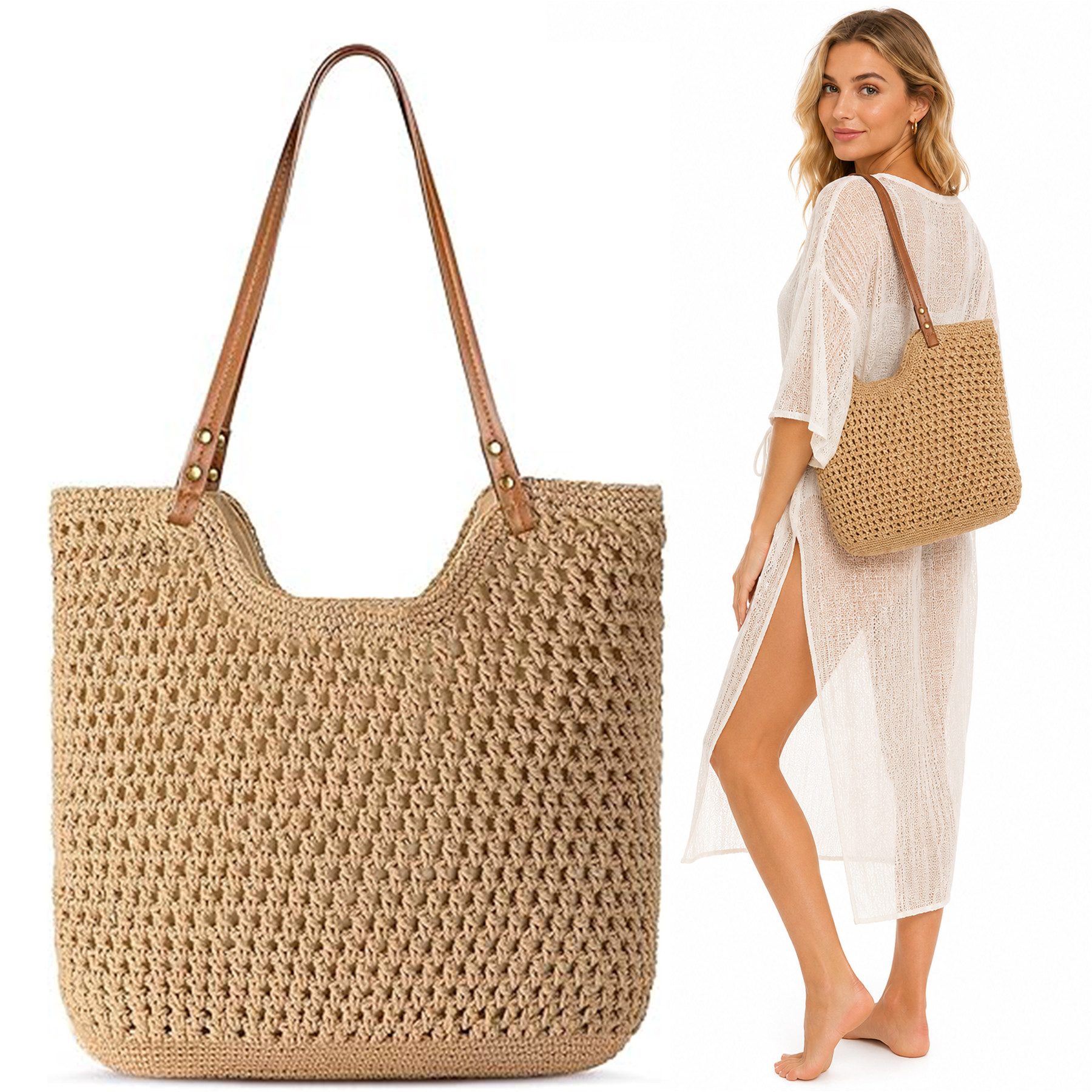 Mutig Strandtasche Sommer Strandtasche Damen Boho Häkeltasche Strand Mesh Tragetasche (Strohtasche Beach Handtasche Leicht Umhängetasche Vintage Sommertasche, Einkaufstasche Lässige, Reisetaschen Tasche, faltbar Hobo Taschen), für Reisen Einkaufen, Urlaub, Pendeln Strand Pool Fitnessstudio