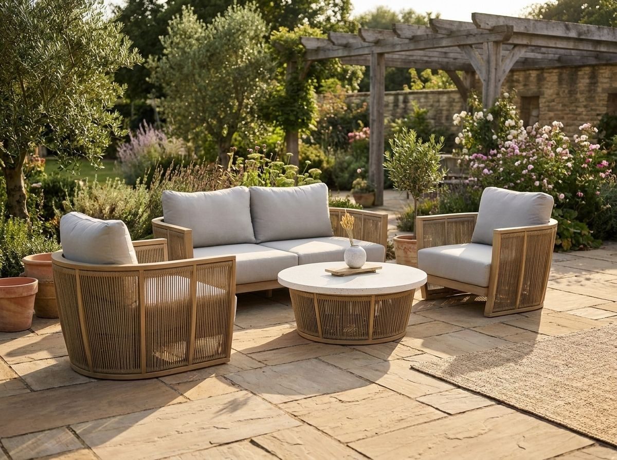 furrore Gartenlounge-Set Holz-Sitzgruppe "Collins" 4-teilig Eukalyptusholz Skandi / Boho, (Set, 4-tlg., 1 Sofa, 2 Sessel, 1 Tisch), Aus Eukalyptusholz im modernen Terrazzo-Look