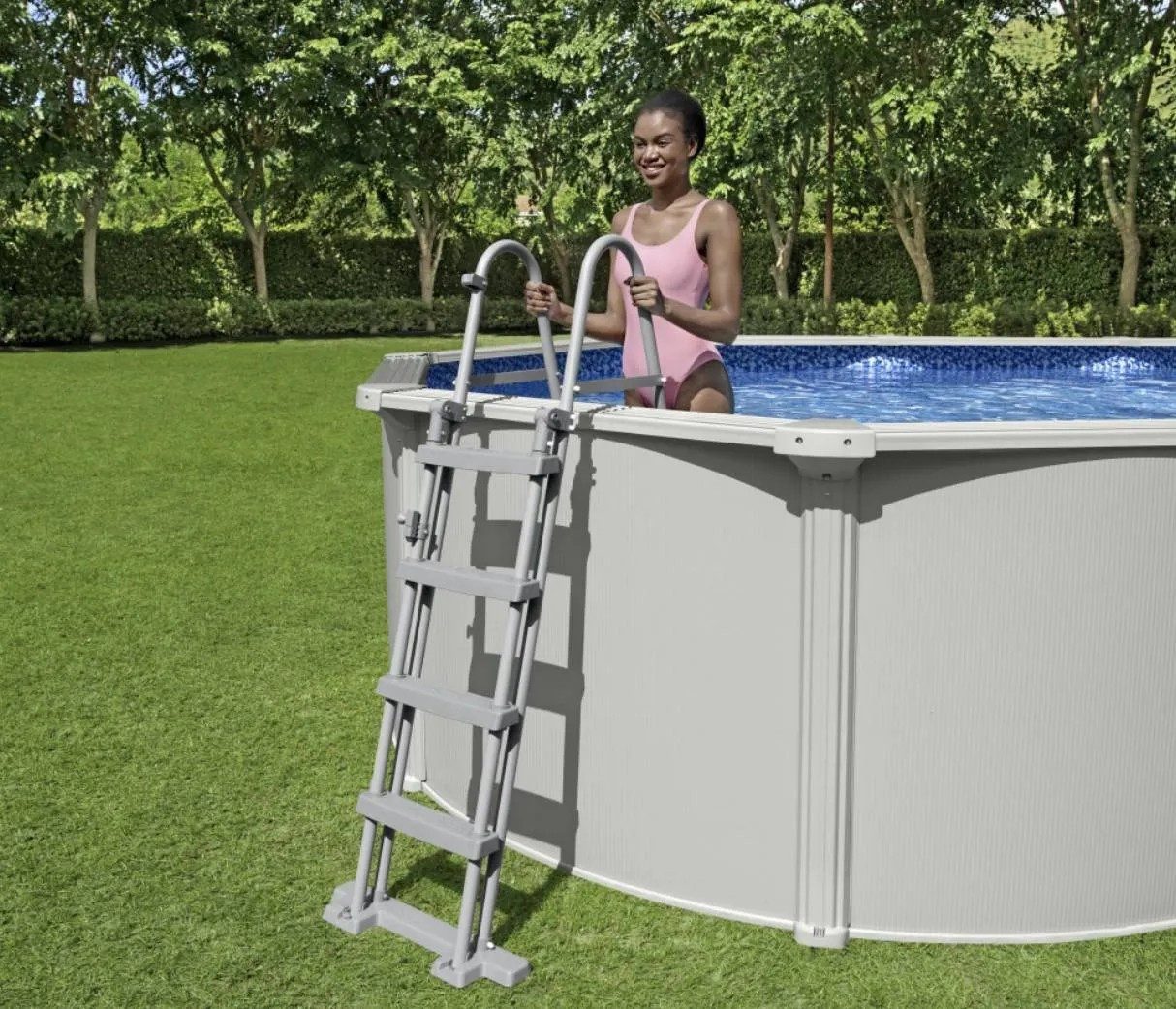 BESTWAY Poolleiter Plattformleiter Poolzugang (Spar-Set, 1-St., 76,5x125x192cm robust), Mit Plattform, rutschfeste Stufen, korrosionsbeständig