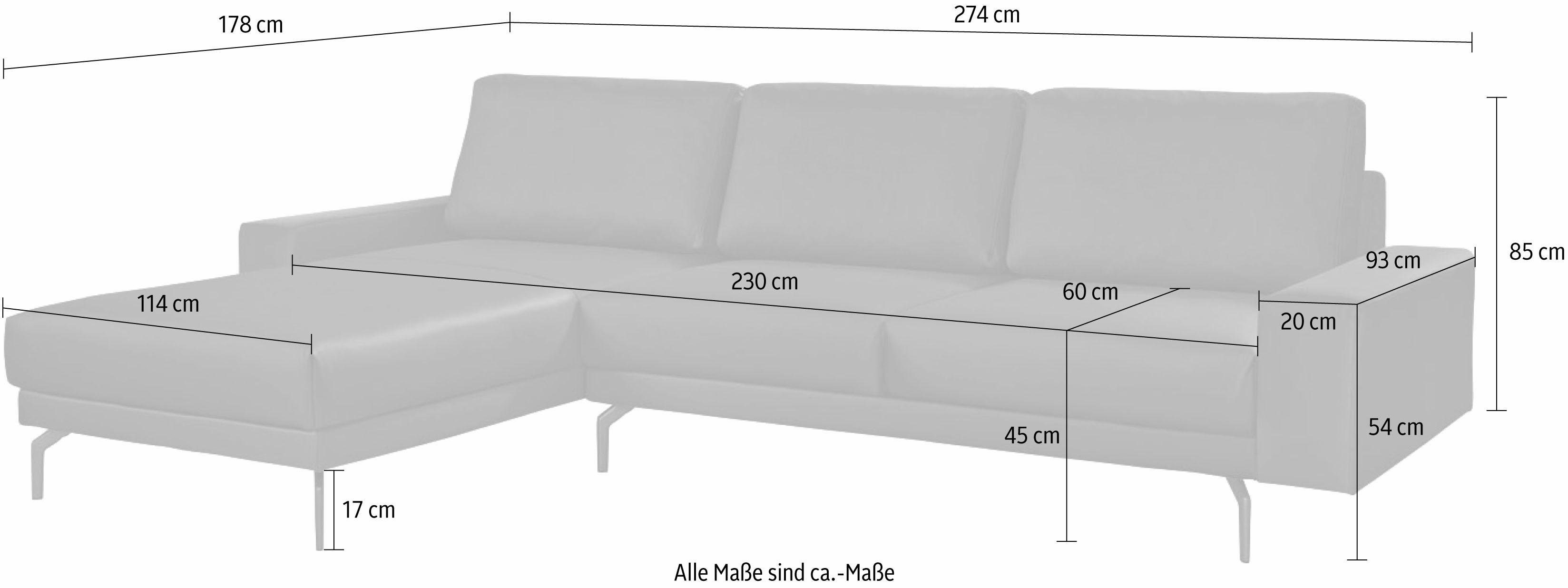 in sofa breit und hülsta umbragrau, niedrig, Ecksofa Alugussfüße cm 274 hs.450, Armlehne Breite