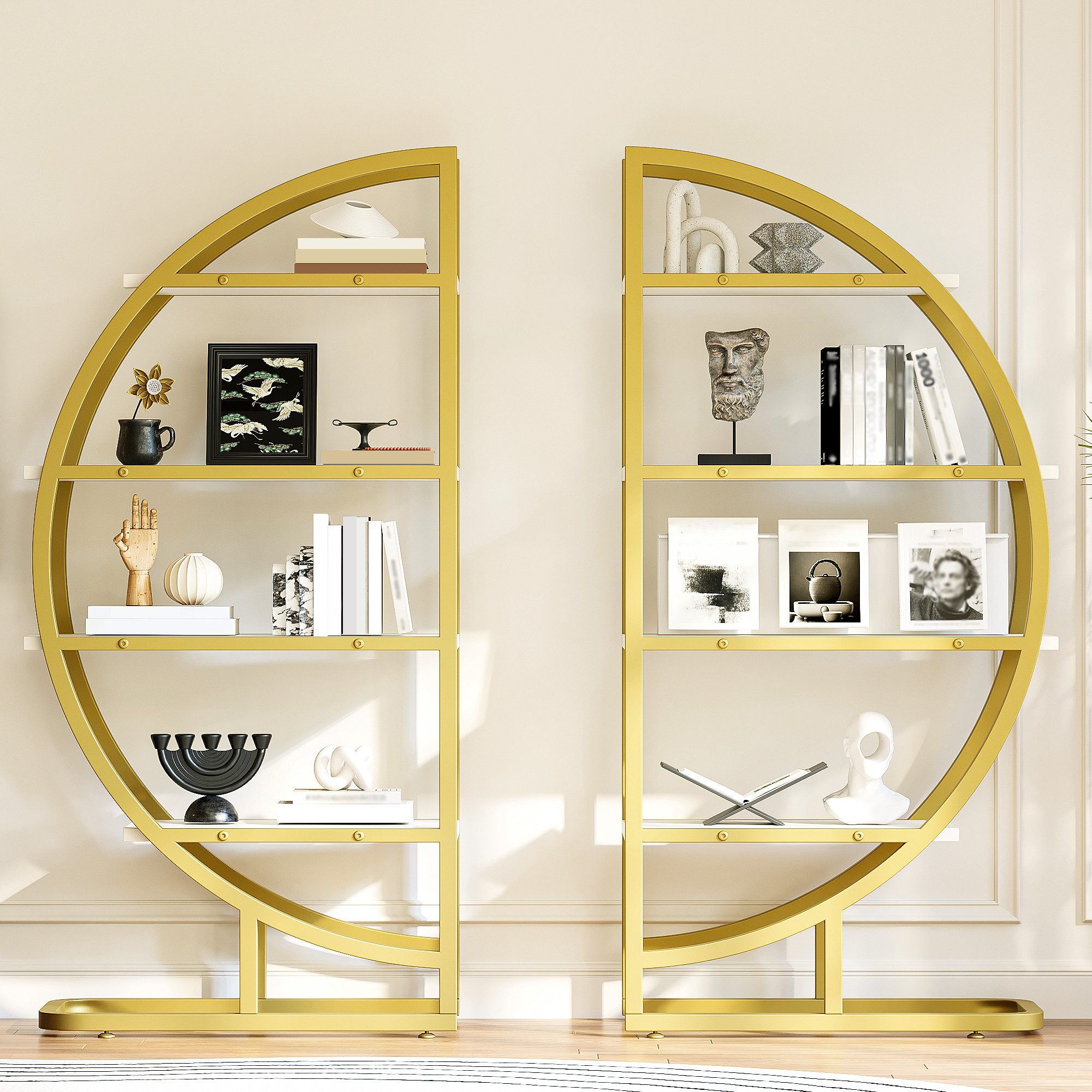 Flieks Bücherregal mit goldfarbenen Metallrahmen & weißen MDF-Einlegeböden, B120/T30/H130 cm 2-tlg., Rundes Standregal mit 8 offenes Regal Lagerregal Hochschrank
