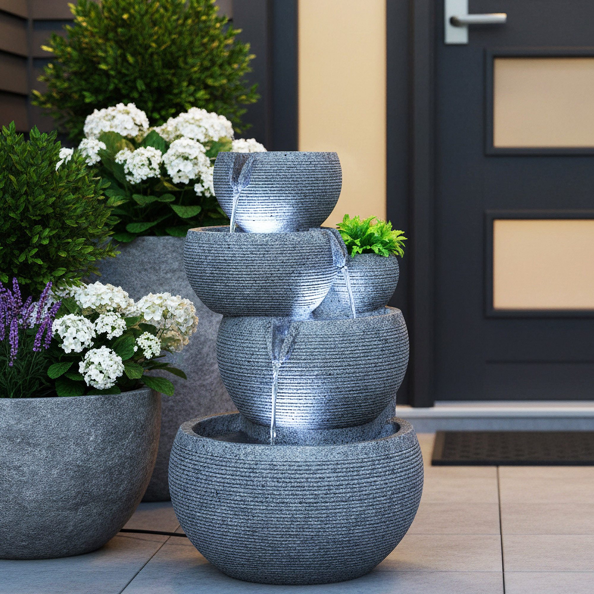 Arnusa Zimmerbrunnen Springbrunnen mit Beleuchtung 44,5 cm Granit-Optik Gartenbrunnen, bepflanzbar Dekoration Kaskade