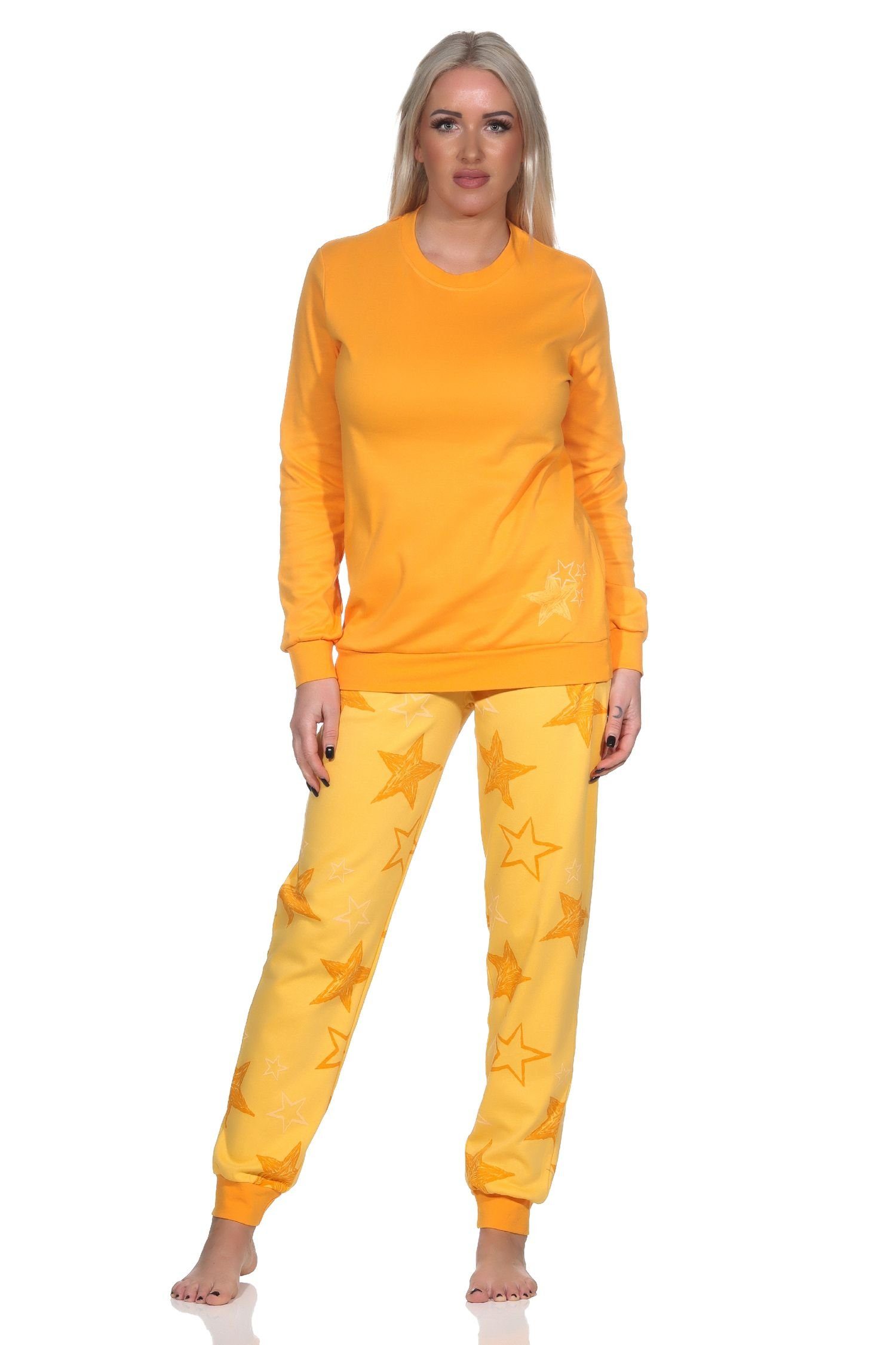 Normann Pyjama Normann Damen Schlafanzug in Kuschel Interlock Qualität Sterne Optik orange