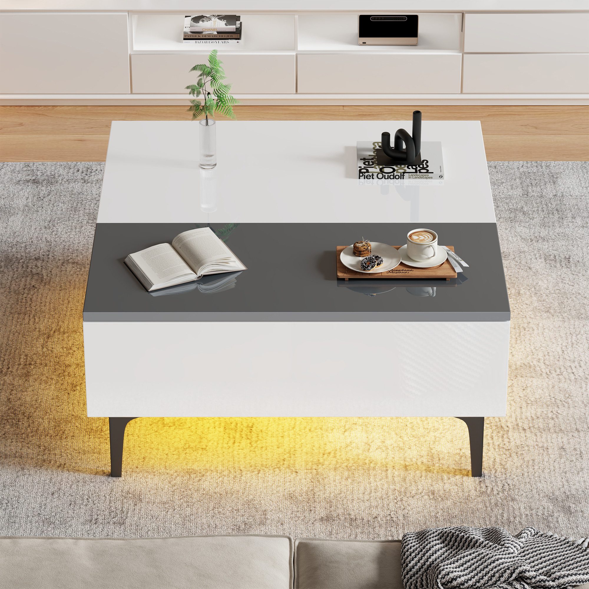 MODFU Couchtisch mit höhenverstellbarer Tischplatte (Hochglanz-Wohnzimmertisch, Satztisch, 1-St., Schubladen, 1 verstecktem Stauraum), mit LED, hochglänzend
