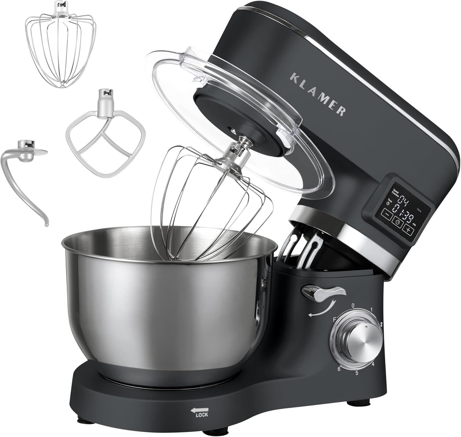 KLAMER Küchenmaschine 1400W, Knetmaschine mit 5,5 Liter Edelstahl Schüssel, 6 Geschwindigkeitsstufen mit Timer, Rührbesen, Knethaken, Schneebesen und Spritzschutz, grau, 1400 W, 5,5 l Schüssel, Spritzschutz, 3 Aufsätze, Saugfüße, digitales Display, Timer