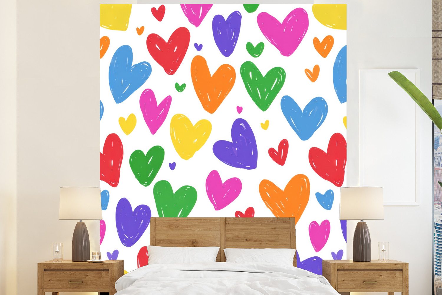 MuchoWow Fototapete Herzen - Muster - Bunt - Zeichnung, Matt, bedruckt, Vliestapete für Wohnzimmer Schlafzimmer Küche, Fototapete, 210x260 cm