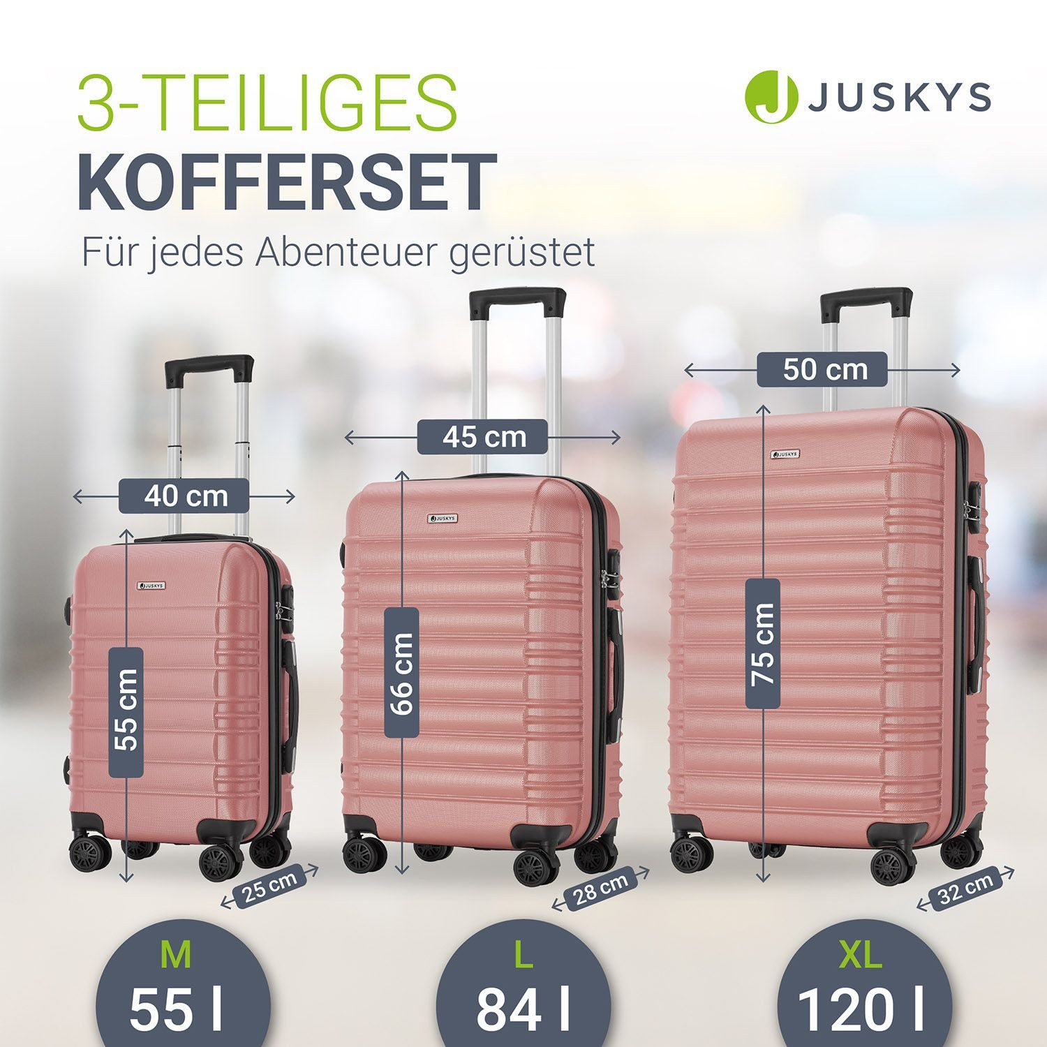 Juskys Trolleyset Rom, 4 Rollen, (3 tlg., 3-teilig), Aluminium, Rollen, Innenfutter, Ergonomische Griffe, 3er Set