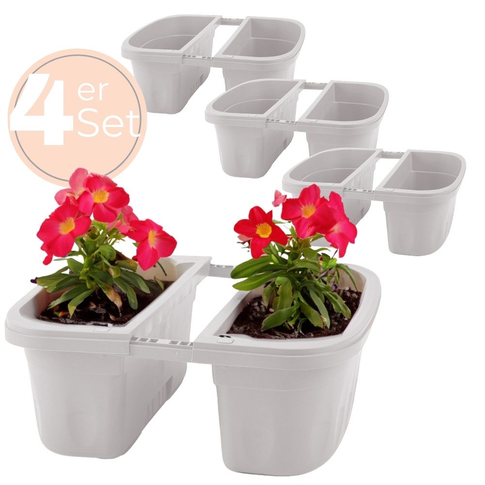 Blumenkasten 4x Blumen Kasten Beidseitig Balkon Geländer Wasserspeicher Weiß 40 cm