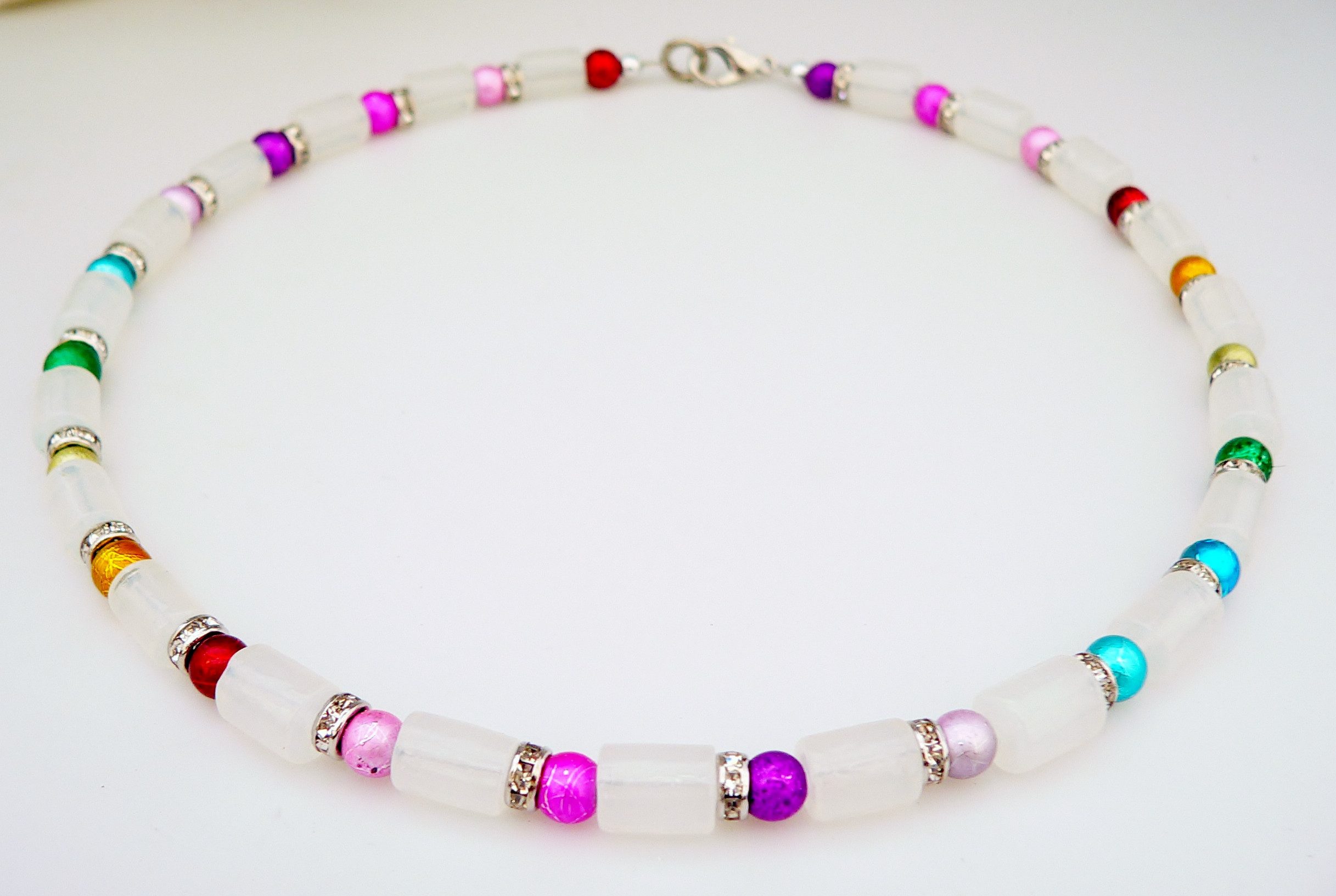 traumschmuck Kette ohne Anhänger 331d Halskette Kette Walze Glas Lampwork weiß Perle multicolor (Geschenk, Muttertag, Weihnachten, Geburtstag, Valentinstag, incl. Schmuckbox), handgefertigt, Made in Germany