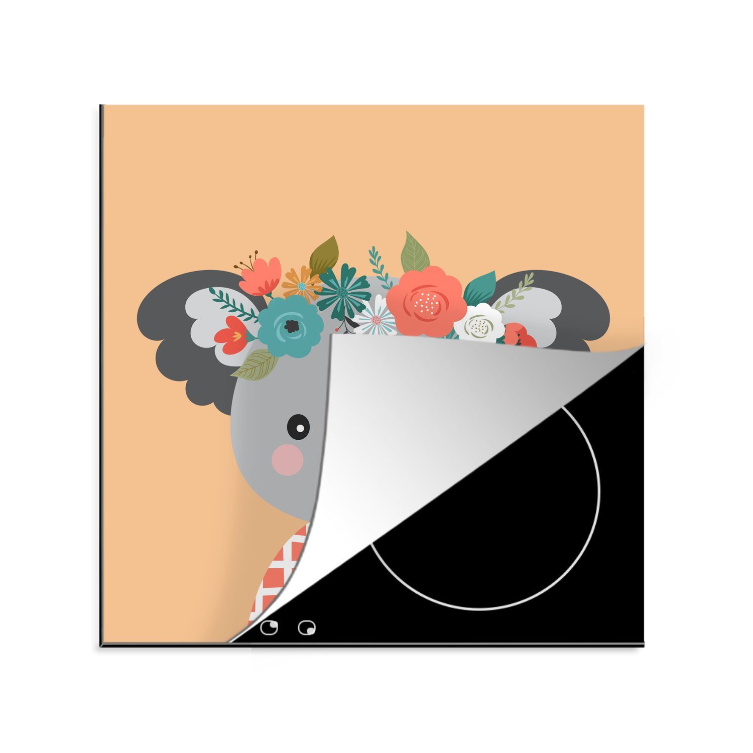 MuchoWow Herdblende-/Abdeckplatte Koala - Blumen - Krone, Vinyl, (1 tlg), 78x78 cm, Ceranfeldabdeckung, Arbeitsplatte für küche