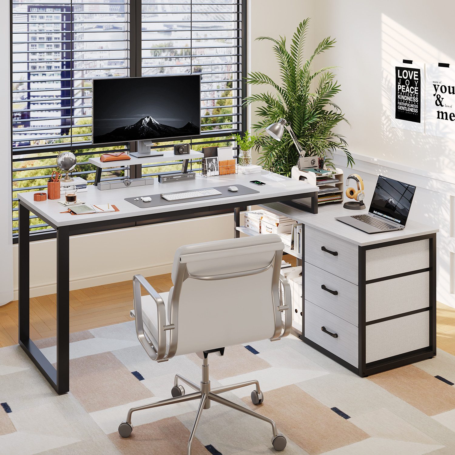 HOMALL Schreibtisch L-förmiger Eckschreibtisch mit USB-Anschluss und zwei Steckdosen. (140 x 100 x 75 cm, mit Monitorständer und Beleuchtung, L-förmiger Schreibtisch/Gaming-Tisch, umwandelbar in einen I-förmigen Schreibtisch, mit drei Schubladen und zwei Fächern)