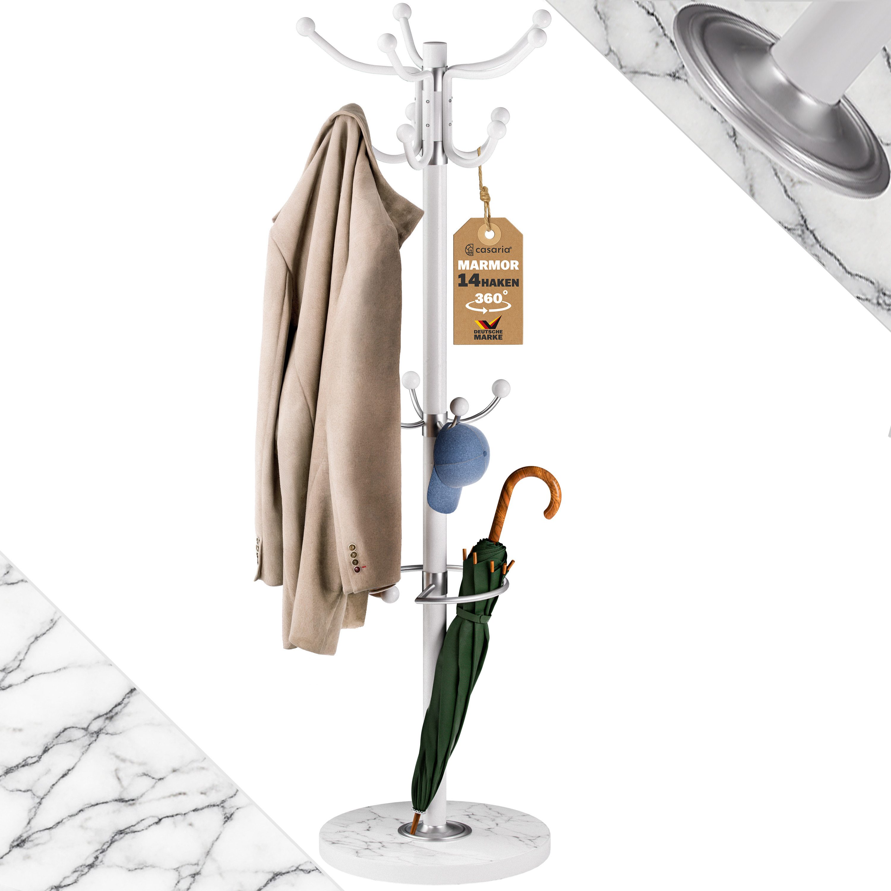 Casaria Вешалки для одежды, Marmorsockel Metall 14 Haken 360° Drehbar Stabil Modern 37x37x175cm