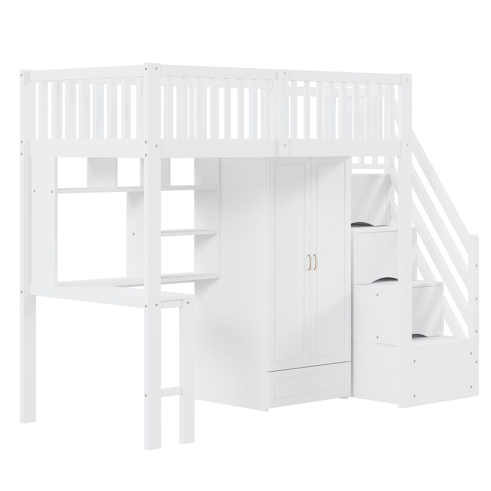 Merax Hochbett (Stauraumtreppe mit Schubladen, 1-St., Jugendbett Einzelbett Holzbett Etagenbett) Kieferholz Kinderbett 90x200cm mit großem Kleiderschrank,Regal  – Bild 5 von 5